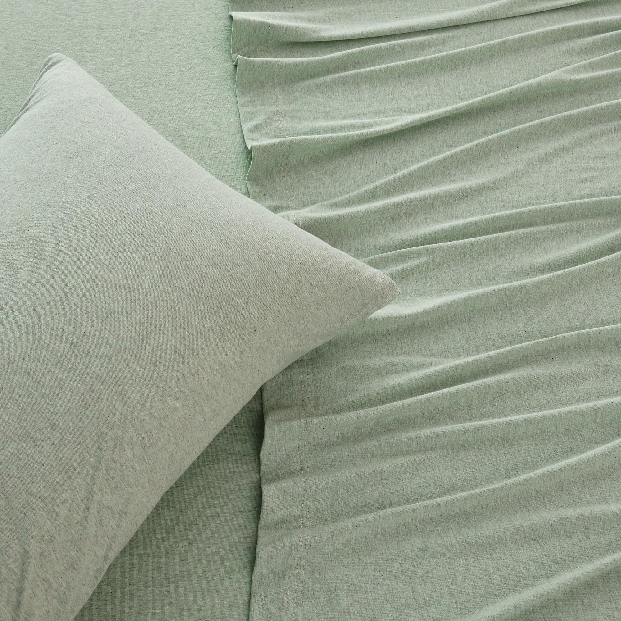 Premium Cotton Jersey Knit California King Sheet Set - Ultra Soft & Stretchy Heathered Melange Green Bed Sheets - Cozy T-Shirt Material with Pillowcases - Perfect for Master Bedroom, Guest Room & Dorm Comfort