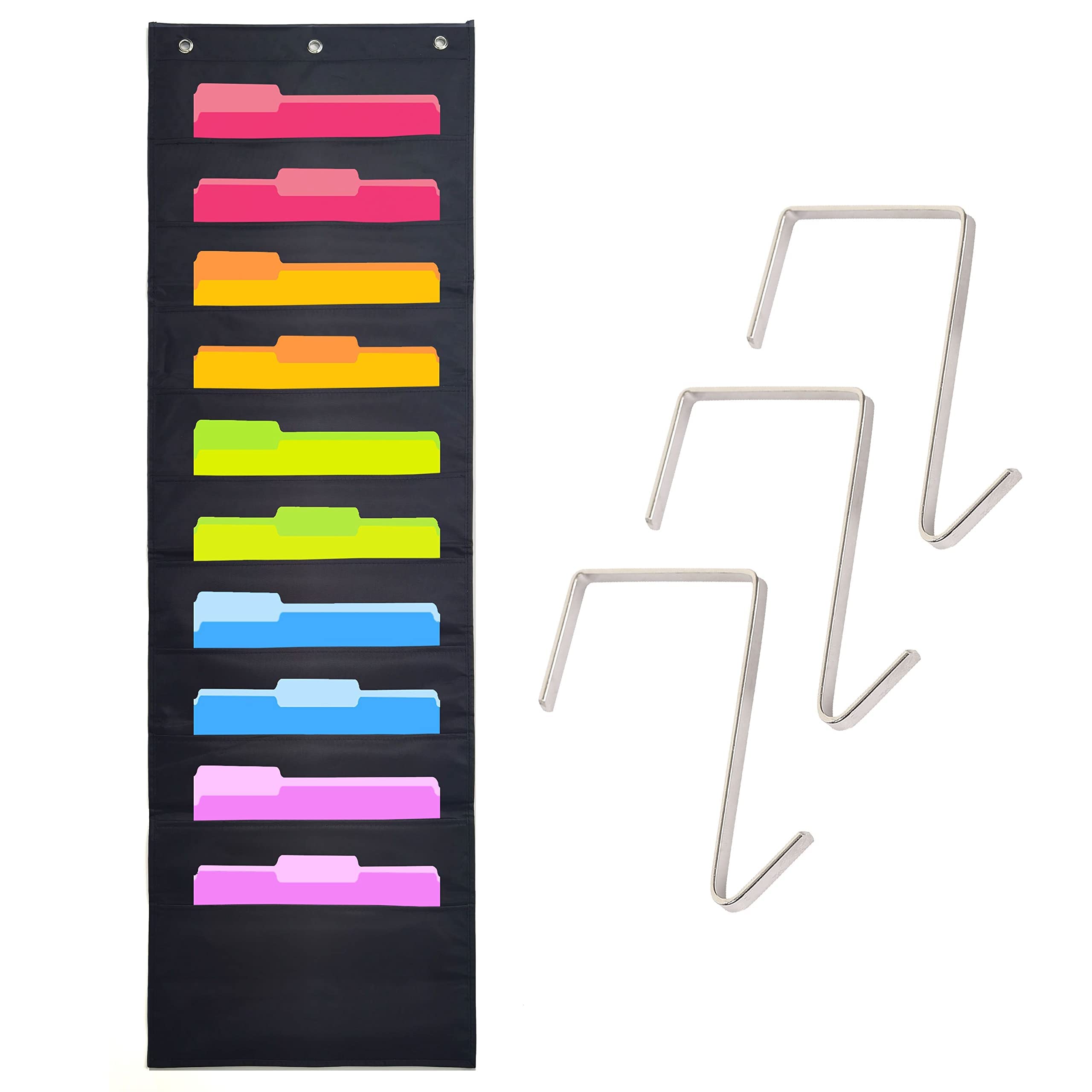Heavy Duty 10-Pocket Storage Organizer with Over-Door Hangers - Wall Mount File Folder Holder for Classroom, Home Office & School Mailbox - Black | Perfect for Organizing Papers, Documents & Supplies