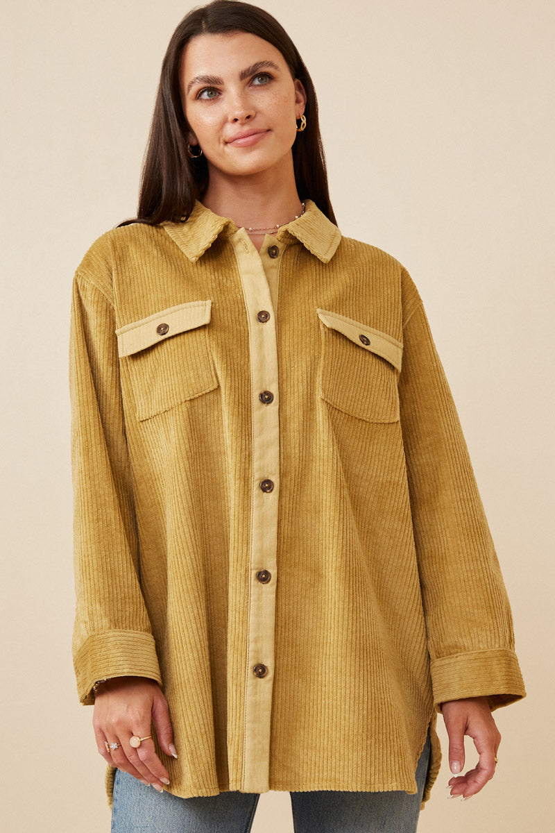 Women's Contrast Paneled Corduroy Button-Up Shacket Jacket - Stylish Fall & Winter Layering for Casual Outings and Office Wear