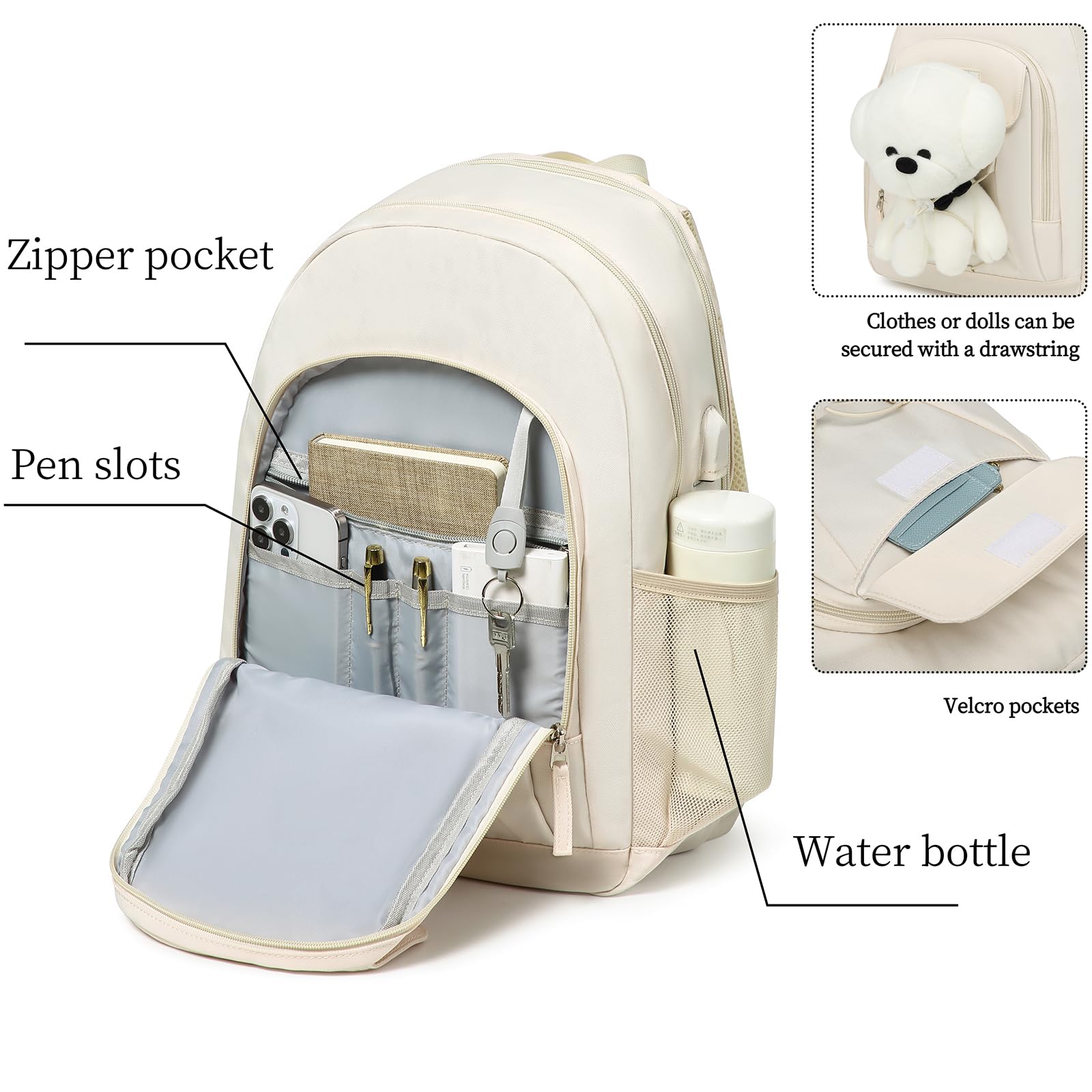 Stylish 15.6 Inch Laptop Backpack for Teen Girls & Women - Trendy School Bookbag for College, High School & Travel - Perfect Gift Idea (Beige) | Ideal for Daily Commute, Campus Life & Weekend Getaways