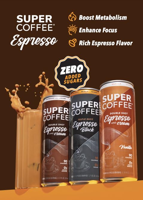 SUPER COFFEE Espresso & Cream Iced Keto Coffee - 0g Added Sugar, 90 Calories, 12 Pack (11 Fl Oz) | Protein Coffee Drink for Energy, Weight Loss & Keto Diet | Soy Free, Gluten Free | Perfect for Morning Boost, Workout Fuel & Office Refreshment