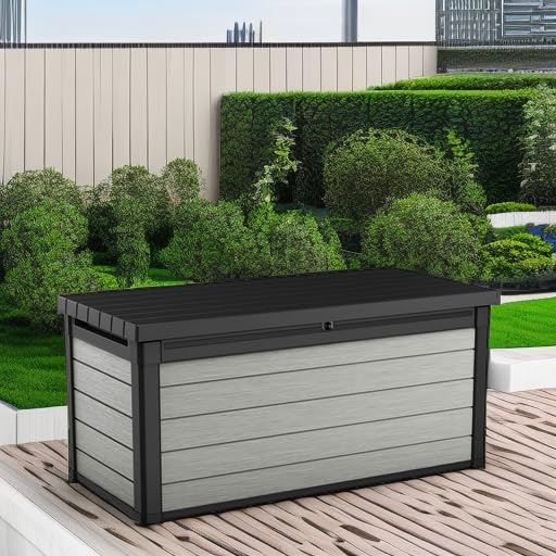 Keter Denali 150 Gallon Resin Deck Box - Large Outdoor Storage Container with Double Wall 20mm Panels, Paintable & Drillable - Perfect for Patio Furniture Cushions, Garden Tools, Pool Toys & Backyard Organization (Grey & Black)
