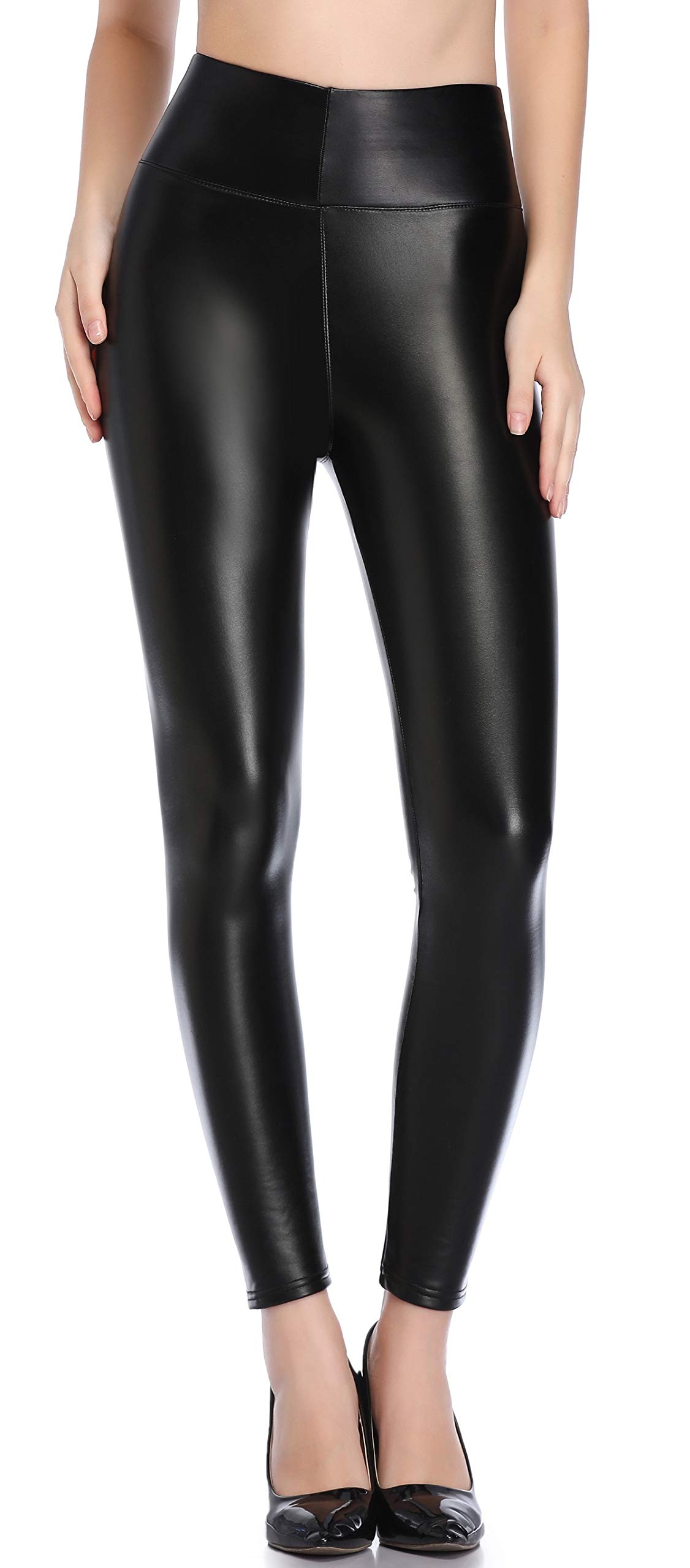 Vintage Women's High Waisted Faux Leather Leggings - Black Stretchy Pleather Pants for Workout, Night Out & Casual Wear