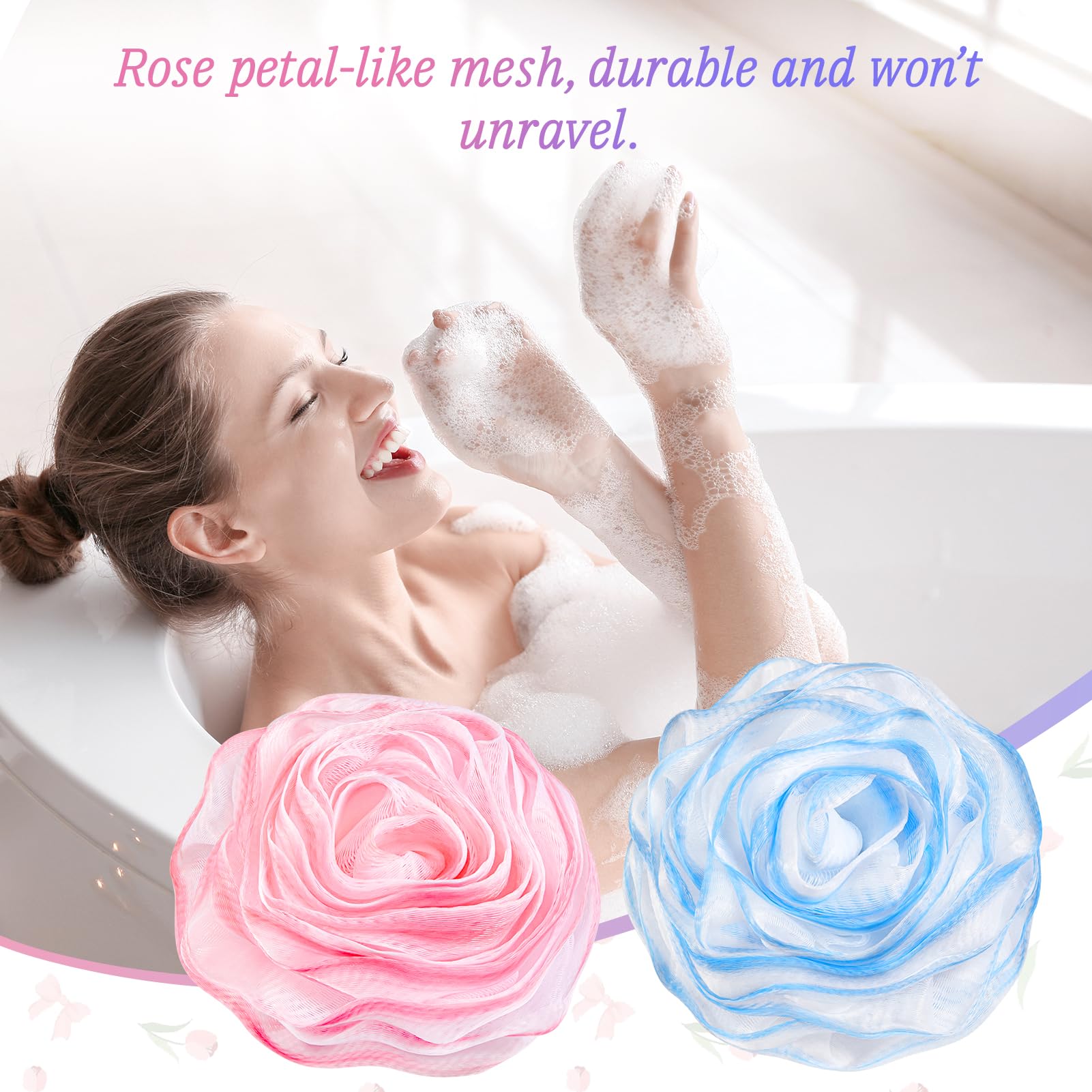 Premium Rose-Shaped Loofah Sponge Set (2-Pack) - Exfoliating Bath & Shower Scrubber for Soft Skin - Elegant Pink & Blue Body Scrubbers - Perfect for Spa Day & Gentle Exfoliation