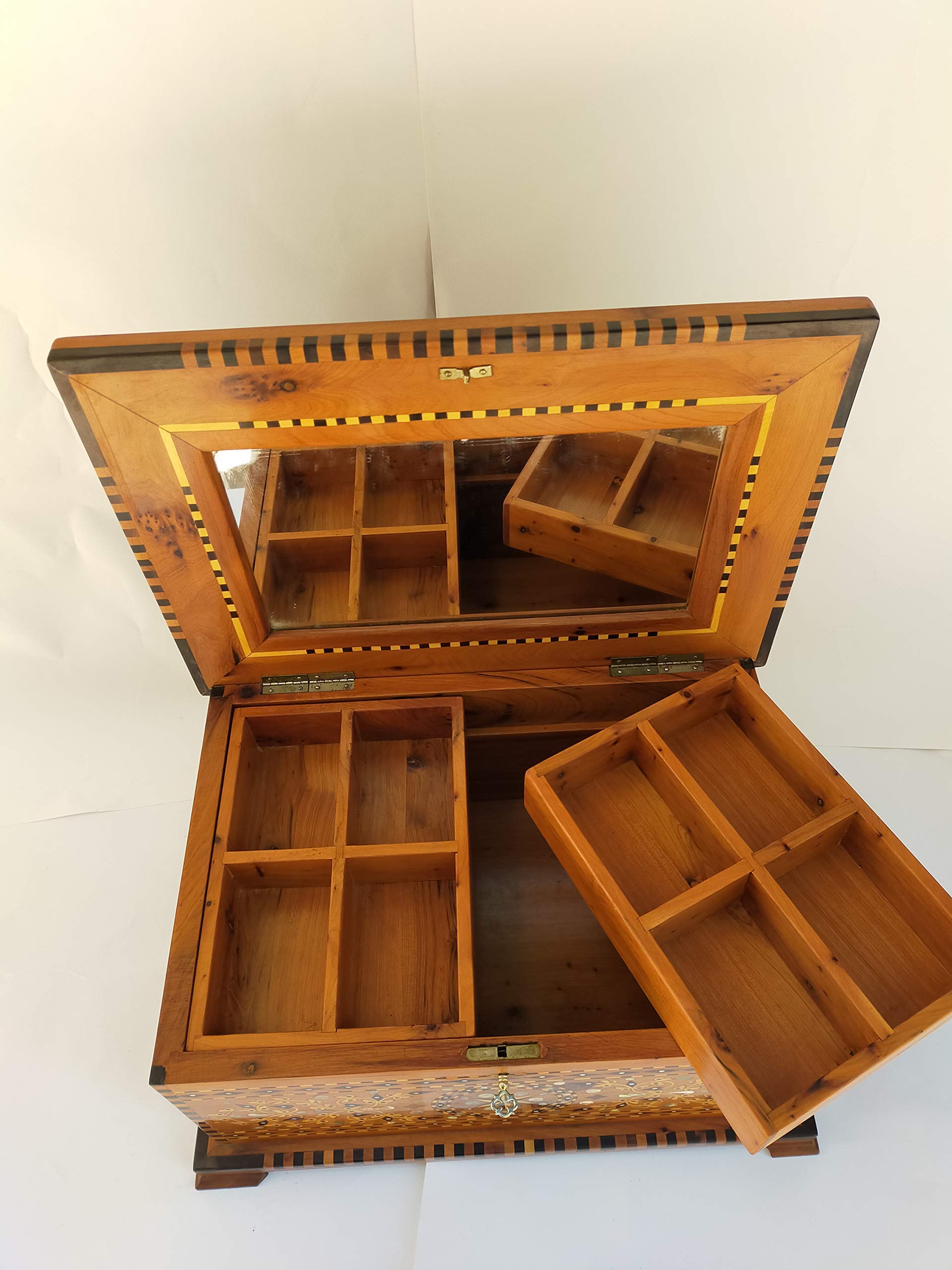 Thuja Wood Jewelry Box with Lock - 2-Tier Wooden Storage Chest with Mirror for Necklaces, Rings & Earrings - Perfect for Bedroom, Vanity & Travel