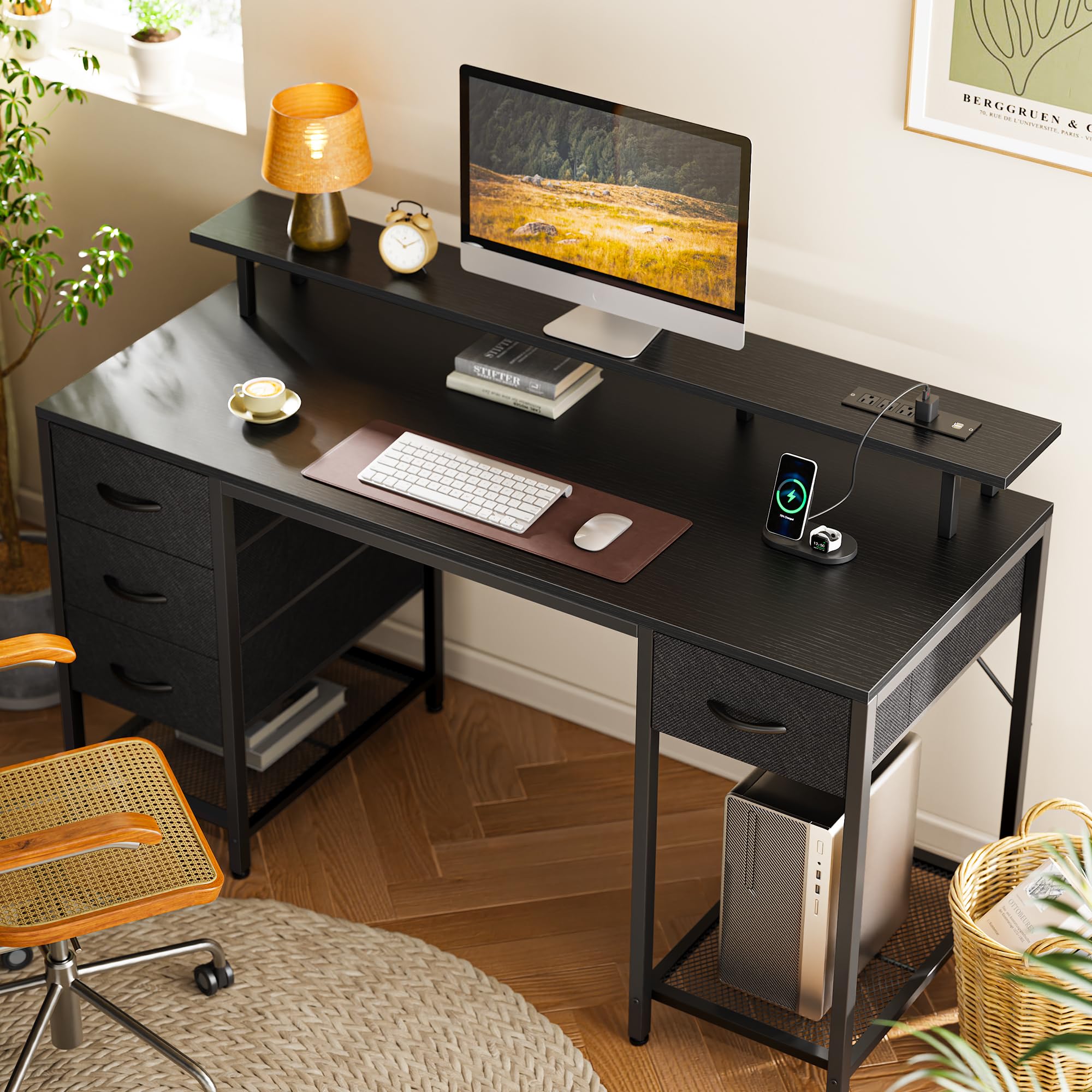 Huuger 55 Inch LED Gaming Desk with Power Outlets & 4 Drawers - Black Home Office Computer Desk with Large Storage Space for Bedroom, Work from Home | Perfect for Gaming Setup, Remote Work & Study