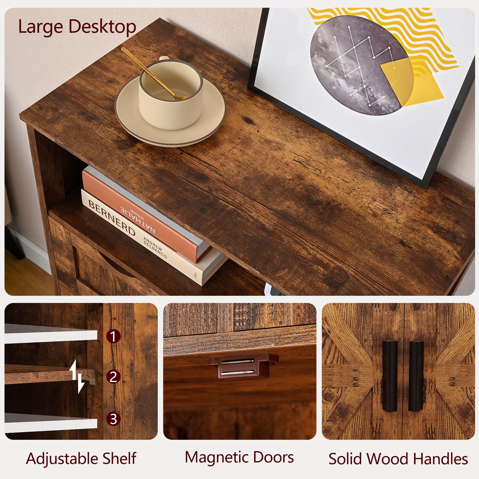 WEENFON Farmhouse Storage Cabinet - Rustic Brown Kitchen Pantry Organizer with 2 Adjustable Drawers & Shelves, Floor Hutch Cupboard for Living Room, Home Office & Kitchen Storage - Perfect for Small Space Organization & Farmhouse Decor