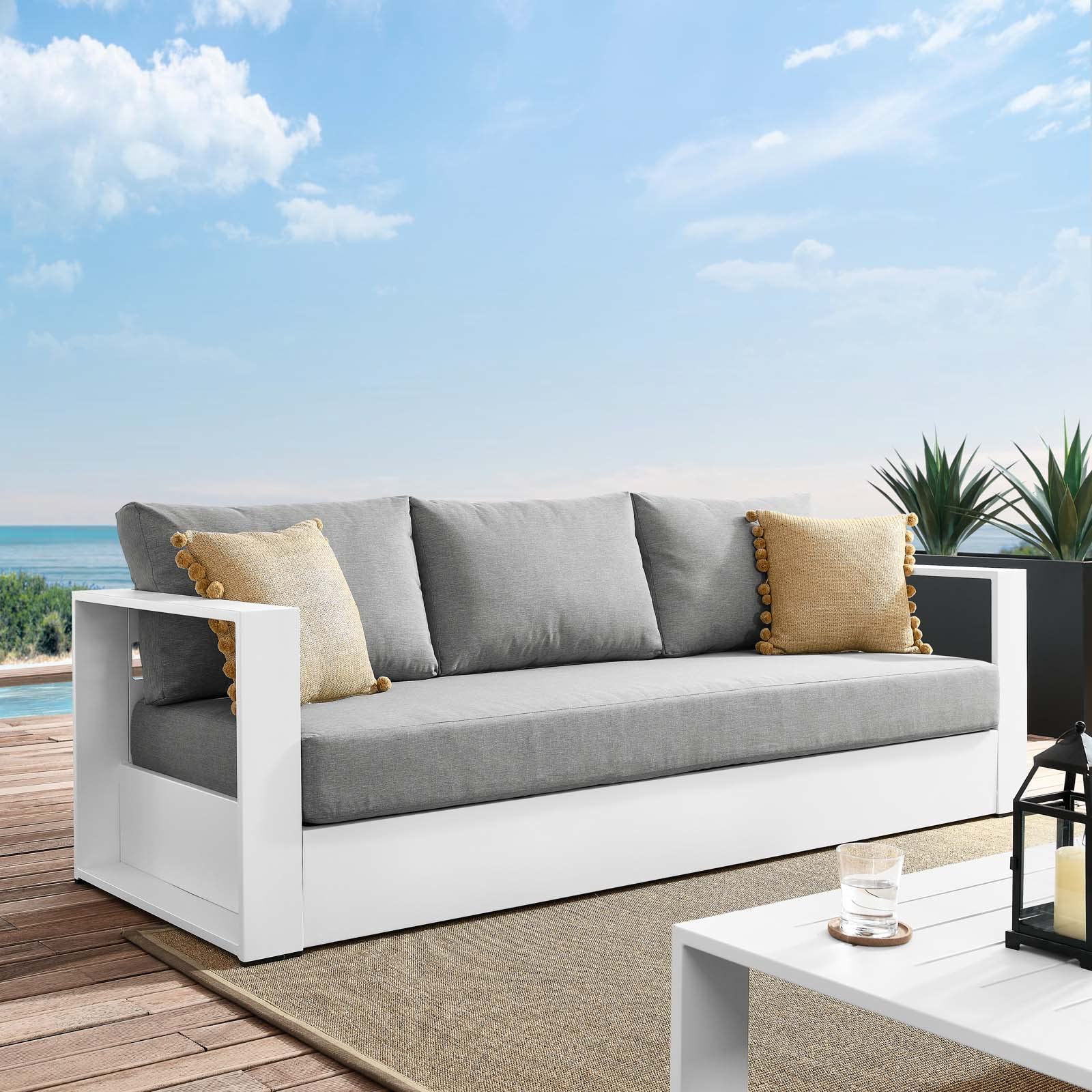 Modway Tahoe Aluminum Outdoor Patio Sofa - Weather-Resistant White Gray Modern Garden Furniture for Backyard, Poolside & Patio Relaxation