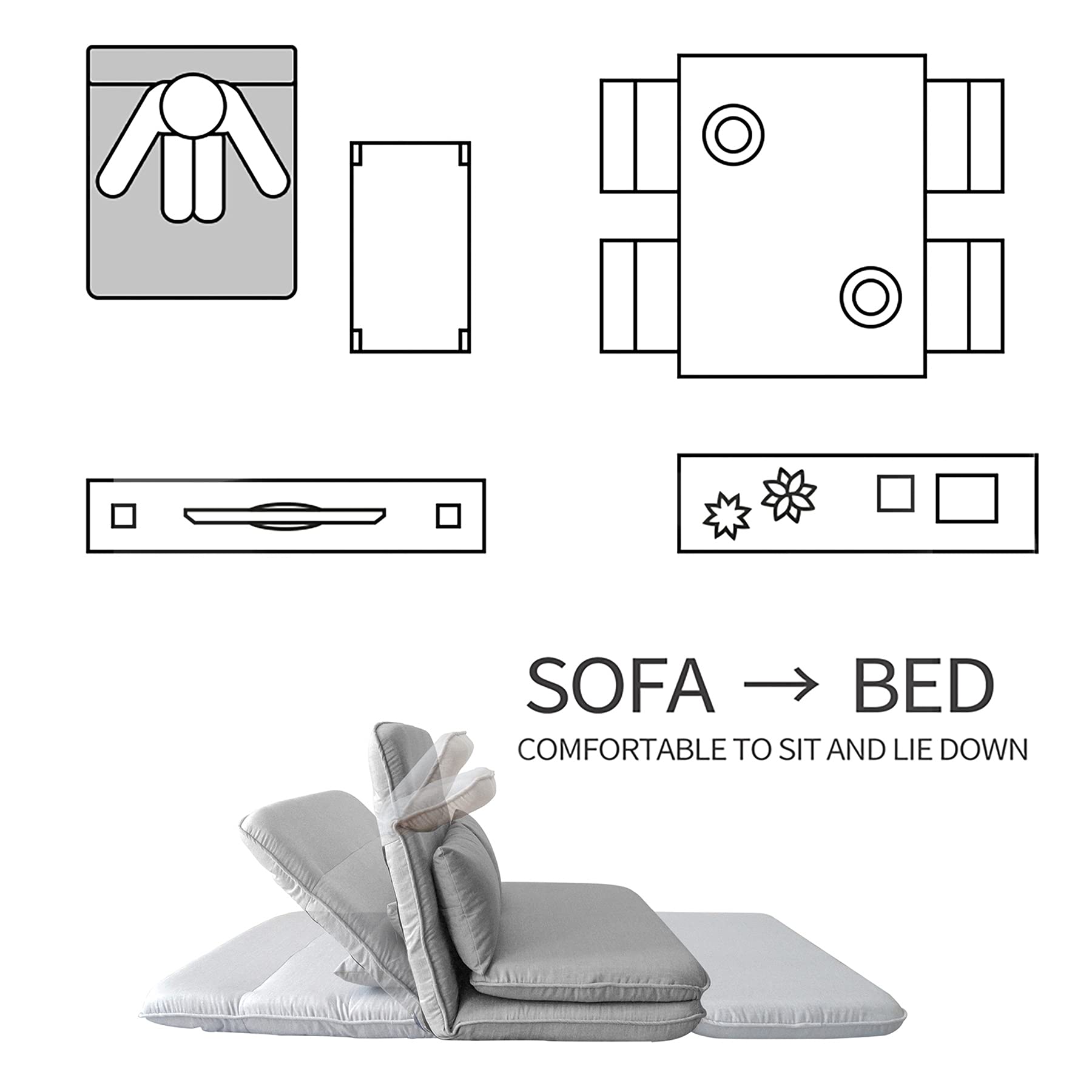Adjustable Lazy Sofa Bed - Foldable Floor Chaise Lounge Chair, Gaming Sofa Mattress & Futon Couch with 2 Pillows (Gray) | Perfect for Small Spaces, Living Rooms, Dorms & Game Rooms