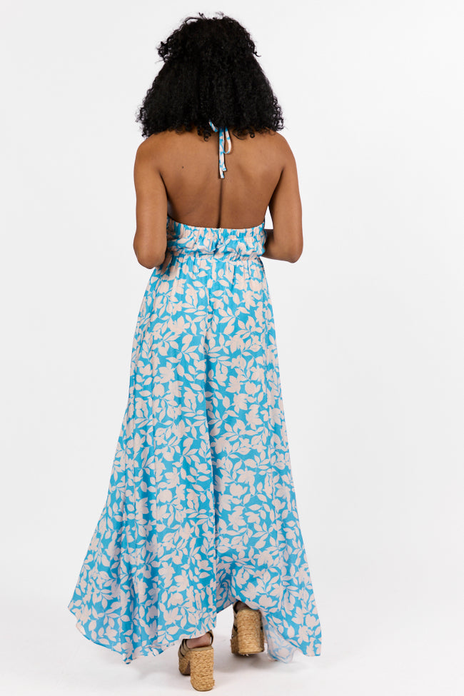 Golden Days Blue Halter Neck Printed Maxi Dress - Floral Summer Beach Dress for Women | Perfect for Vacation, Pool Party & Boho Outfit