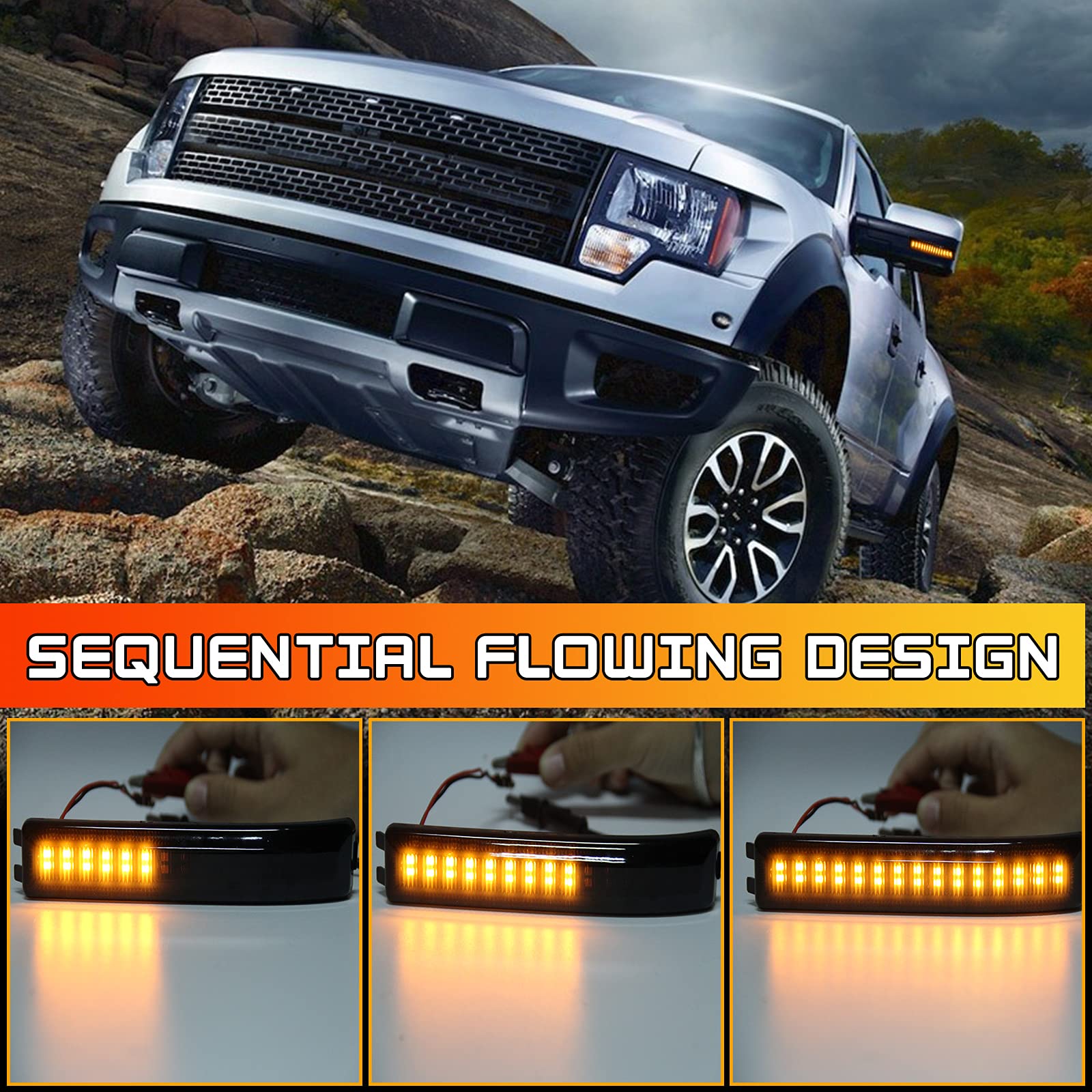 Amber Smoked Lens 30-LED Sequential Turn Signal Side Marker Lights Kit for Ford F150 2009-2014 & Raptor 2010-2014 (DK029-2LY) - Upgrade Your Truck's Style & Safety for Night Driving & Off-Road Adventures