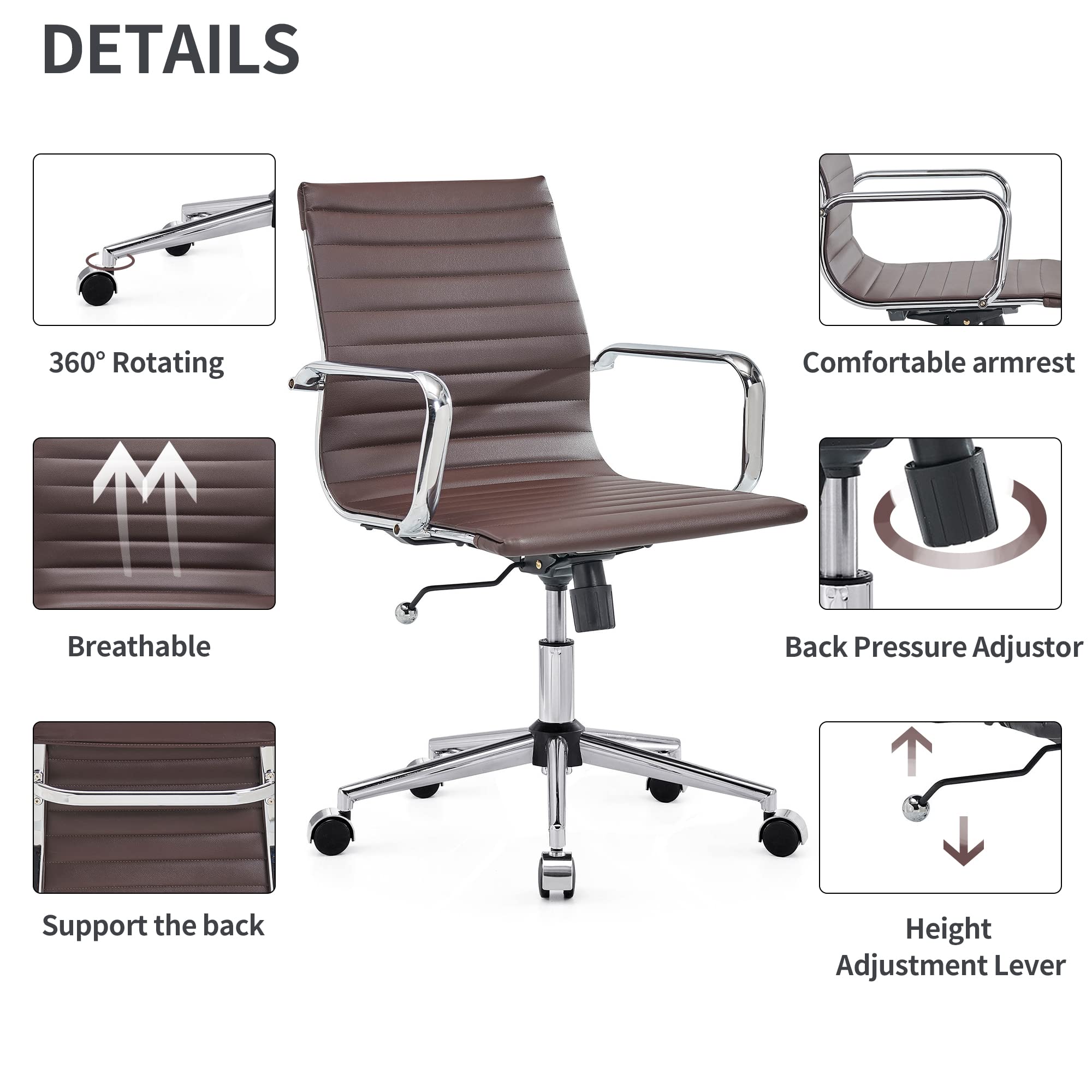Ergonomic Leather Office Chair - Modern Swivel Executive Desk Chair with Ribbed Design for Home Office & Conference Room - Comfortable Rolling Task Chair for Computer Work & Long Hours Sitting