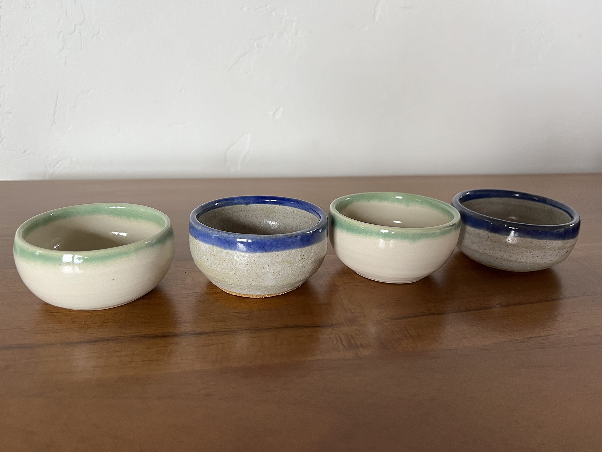 Artisan Mezcal & Tequila Clay Cups Set of 4 - Handcrafted Ceramic Sake Cups, Hand-Painted Traditional Drinking Vessels for Whiskey, Bourbon & Neat Spirits - USA Made (Green Rim White & Blue Rim Grey) - Perfect for Home Bar, Gift Giving & Japanese Tea Ceremony