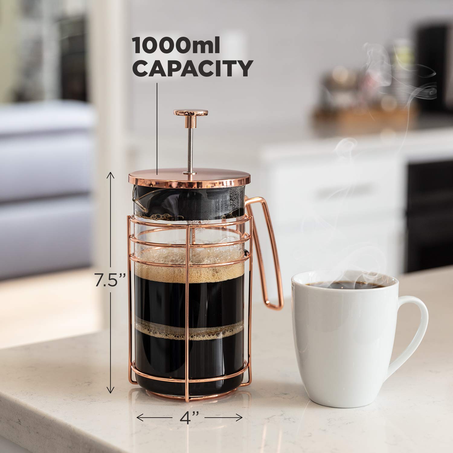 Premium 1000ml French Press Coffee Maker & Tea Brewer - Stainless Steel & Thick Glass with Rose Gold Finish - Perfect for Espresso, Latte & Loose Leaf Tea - Ideal for Home, Office & Camping Use