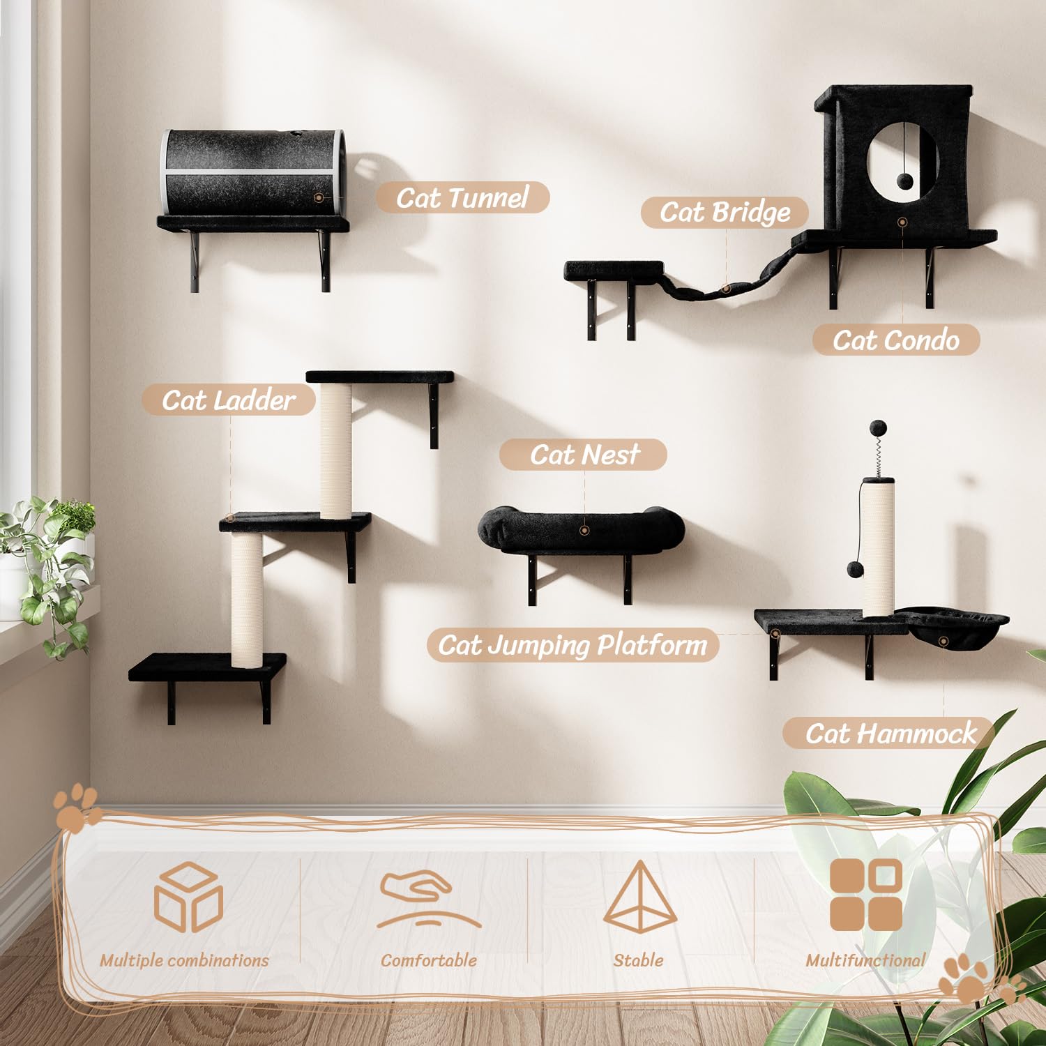 NUNU LAB 7-in-1 Wall Mounted Cat Climbing Set with Cat House, Tunnel, Bridge, Tree, Steps, Scratcher & Hammock - Luxury Indoor Cat Wall Furniture for Play, Rest & Exercise (Black) - Perfect for Small Spaces & Multi-Cat Homes