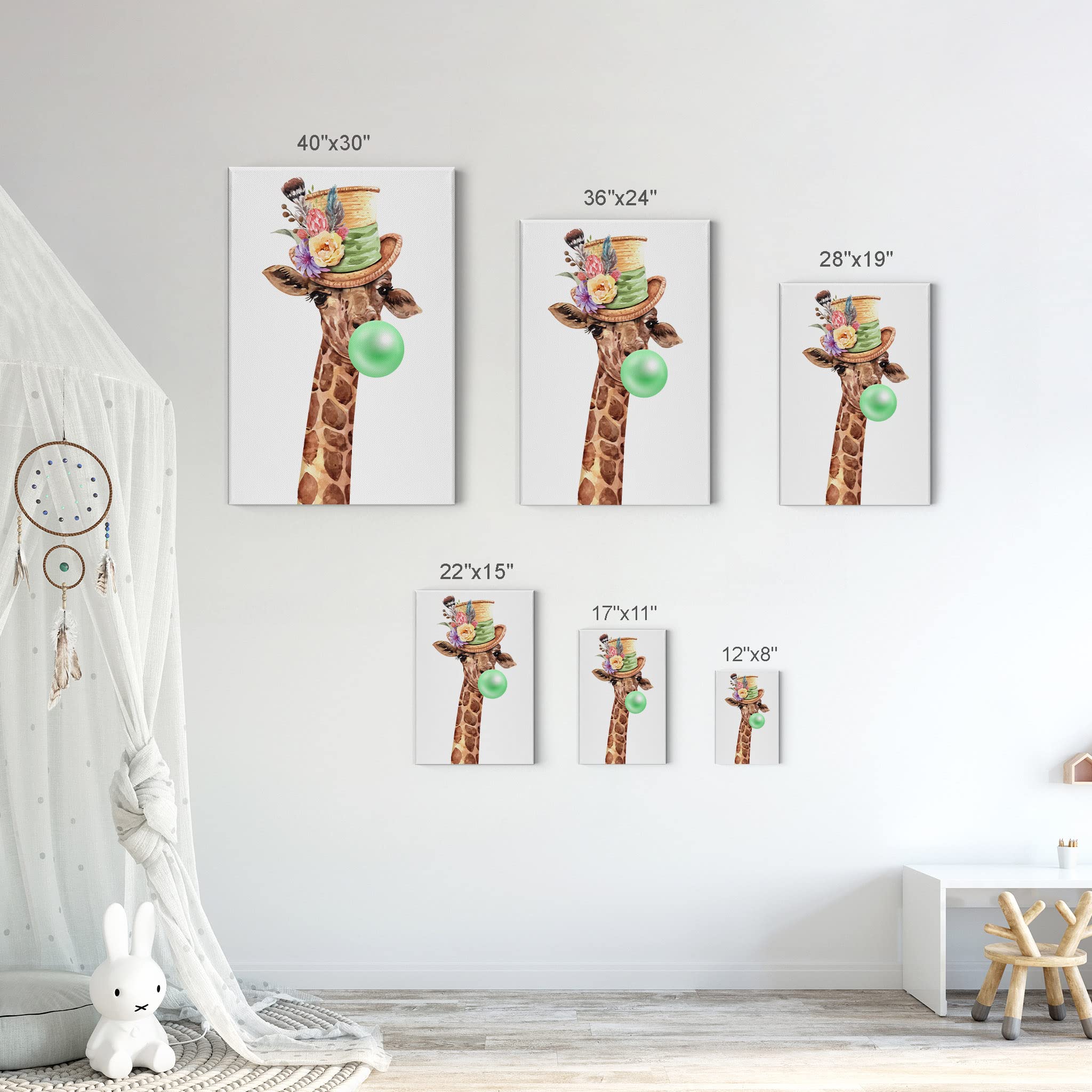 Giraffe with Hat Chewing Bubble Gum Canvas Wall Art Set - 3 Piece Animal Pop Art Prints for Living Room, Bedroom & Nursery Decor (17x11 inches) - Vibrant Kids Room Wall Decor, Unique Gift for Animal Lovers