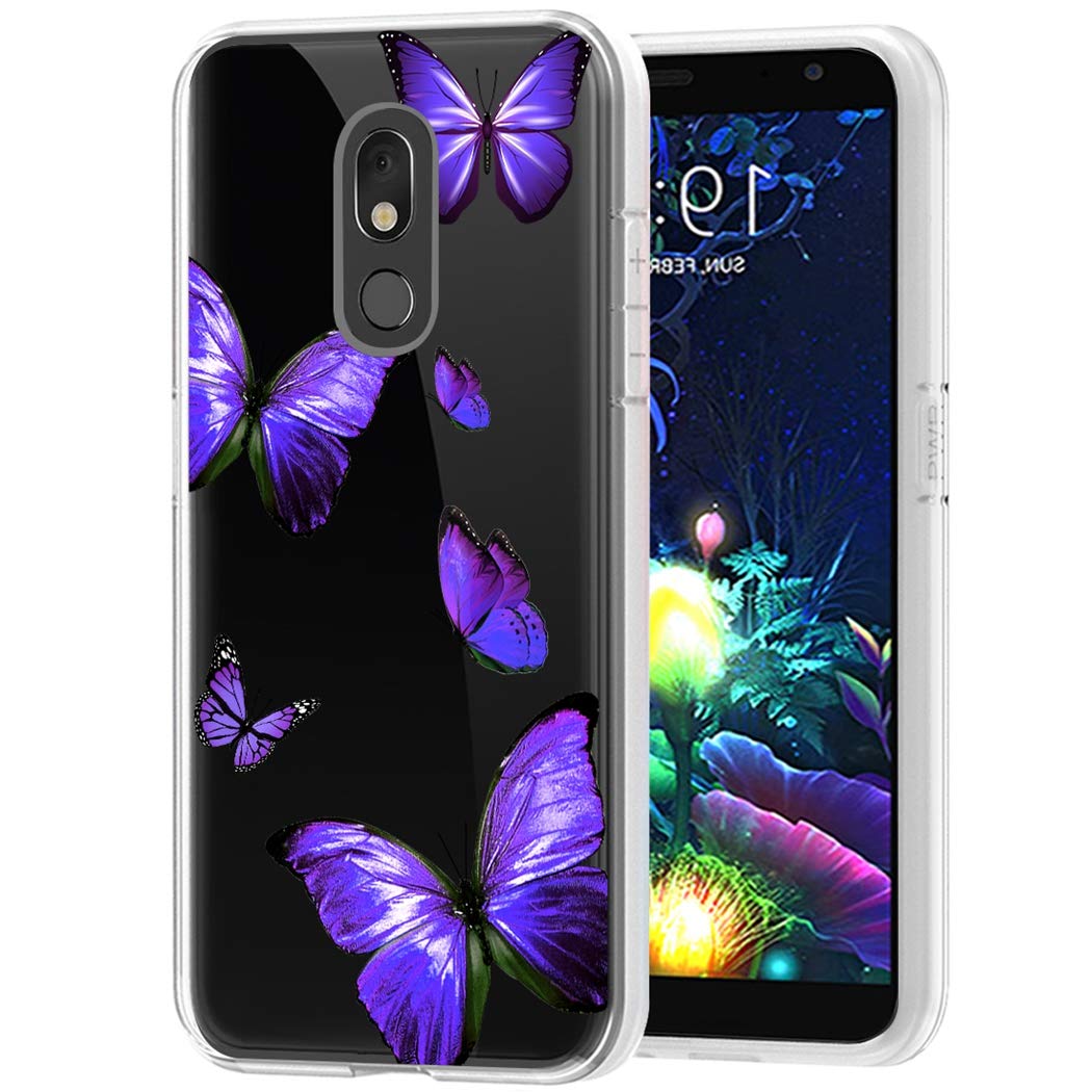 LG K40/K12 Plus/X4 2019/Solo LTE/Harmony 3/Xpression Plus 2 Clear TPU Case - Shockproof Protective Phone Cover with Purple Butterfly Design for Women & Girls | Perfect for Everyday Use, Work & Travel