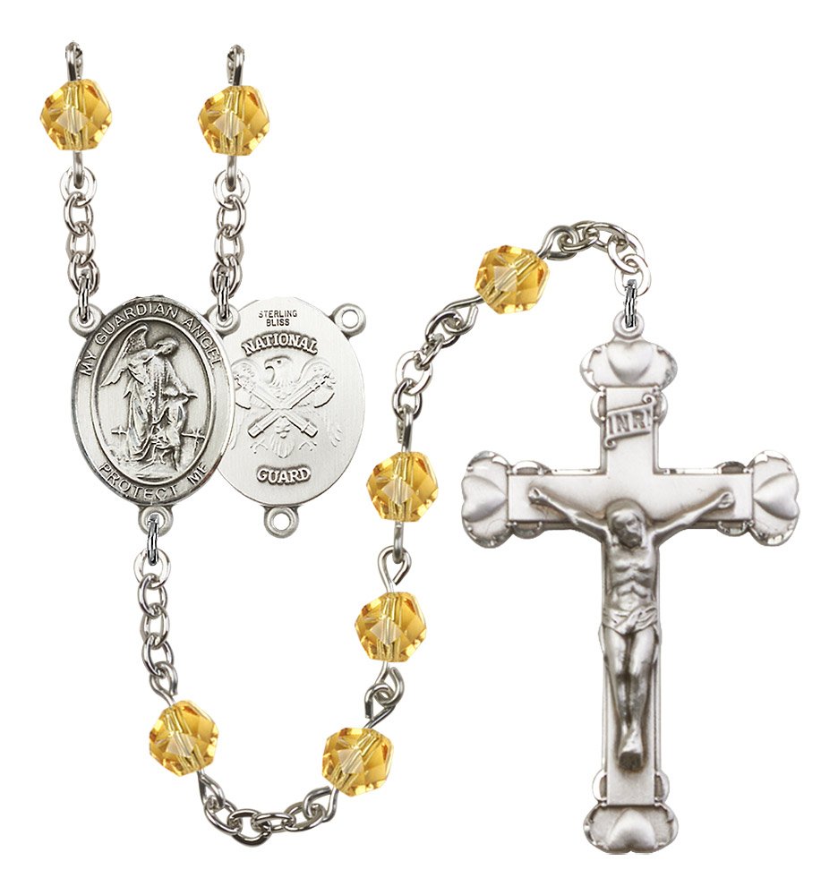 6mm Topaz Fire Polished Beads Silver Rosary with 1 5/8 x 1 Crucifix & Guardian Angel/Nat'l Guard Medal Centerpiece - Perfect for Catholic Prayer, Military Blessings & Spiritual Gifts