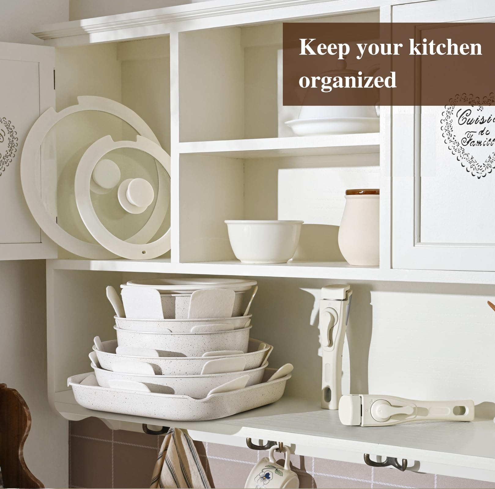 20-Piece Non-Stick Pots and Pans Set with Detachable Handles - Stackable Granite Cookware for Induction, RV & Kitchen - Dishwasher & Oven Safe Cream White - Perfect for Camping, Small Spaces & Everyday Cooking