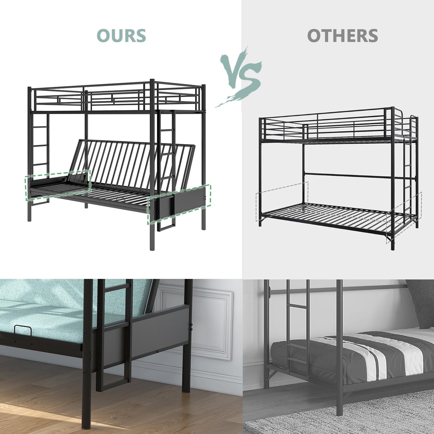 Convertible Twin Over Full Bunk Bed with Steel Frame - Sturdy Metal Bunk Bed with Guard Rail & Ladder for Kids, Teens & Adults - Space-Saving Black Bed Frame for Small Rooms, Guest Rooms & Dormitories