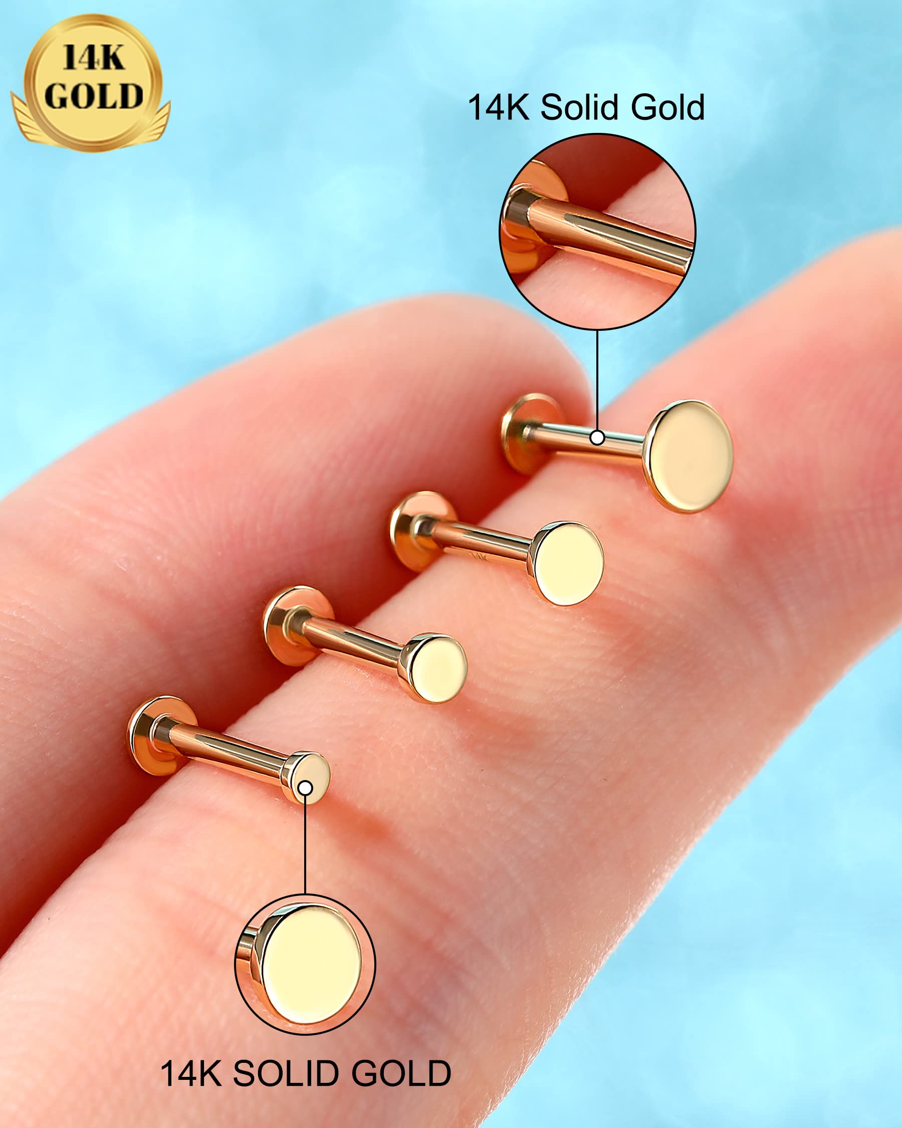 14K Gold Threadless Earrings - 16G Flat Back Labret Studs for Tragus, Conch & Helix Piercing | Tiny Disc Push-in Jewelry for Women | Perfect for Daily Wear & Special Occasions