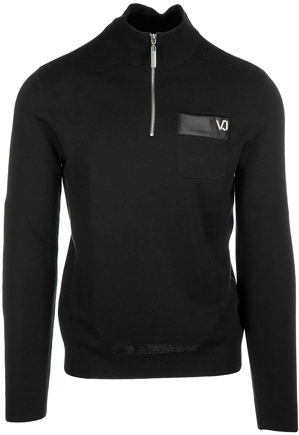 Versace Jeans Men's Black Wool Blend Half Zip Sweater | Premium Knit Pullover for Fall & Winter | Casual & Business Casual Wear