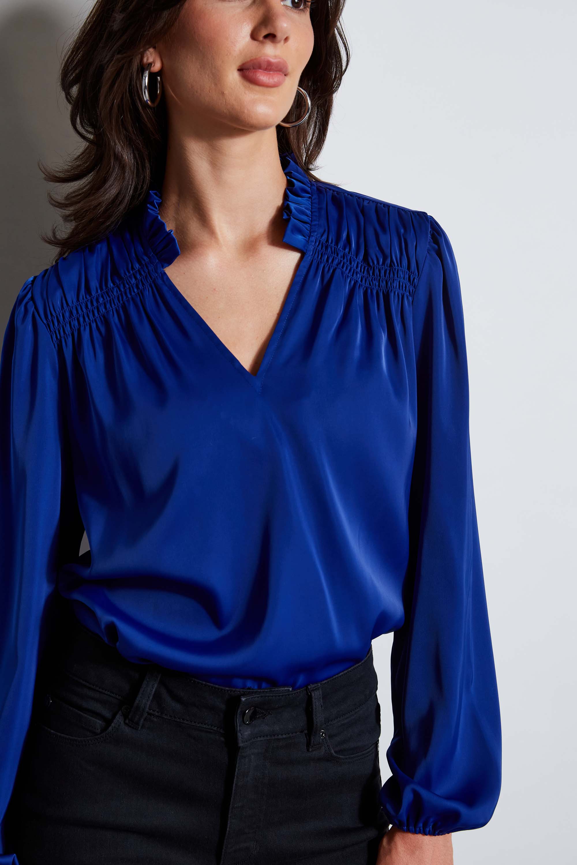 Tahari Women's V-Neck Satin Blouson Shirt - Elegant Long Sleeve Tunic Top for Work, Party & Special Occasions