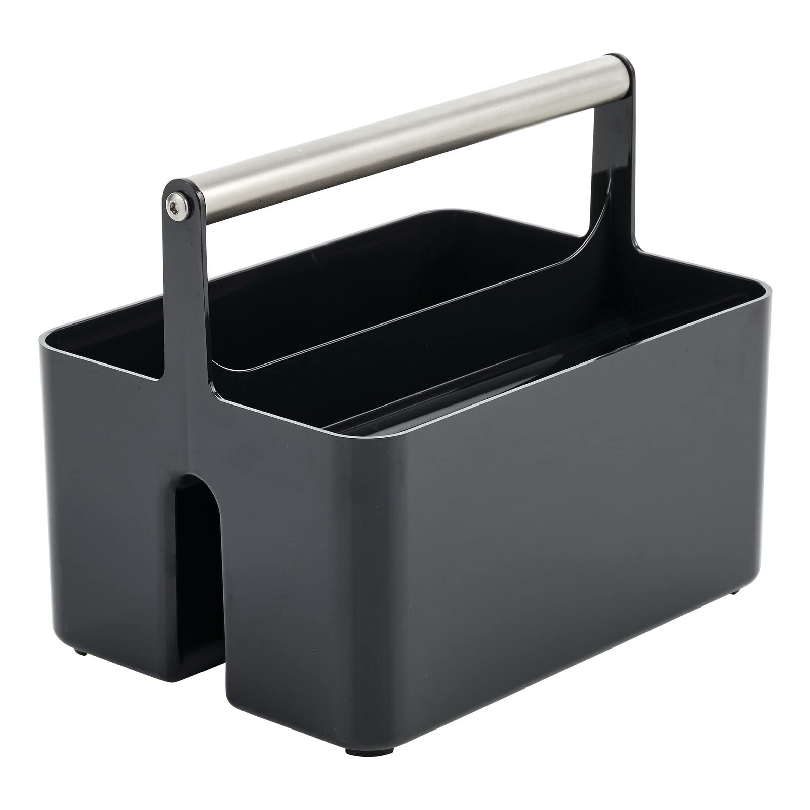mDesign Plastic Shower Caddy Organizer with Metal Handle - Bathroom Storage Basket for Soap, Shampoo & Conditioner - Utility Tote for Dorm, Kitchen & Bath - Aura Collection in Black/Brushed Chrome - Perfect for Small Space Organization & Travel Essentials