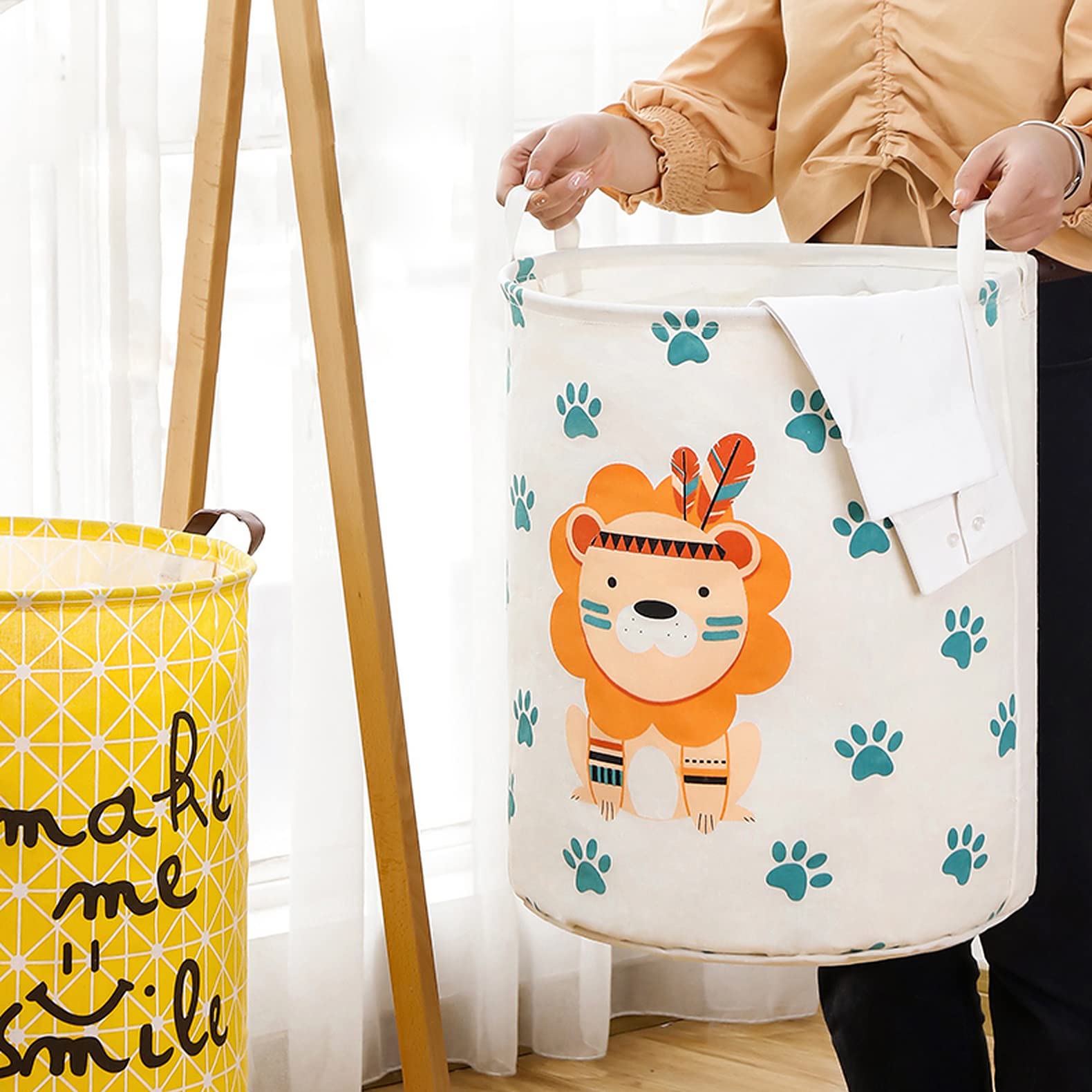 Wolpin Waterproof Laundry Bag & Toy Storage Organizer - Foldable, Moistureproof, Large 63L Capacity with Handles (Lion White, Cotton) - Perfect for Kids' Room, Travel, Camping & Home Organization