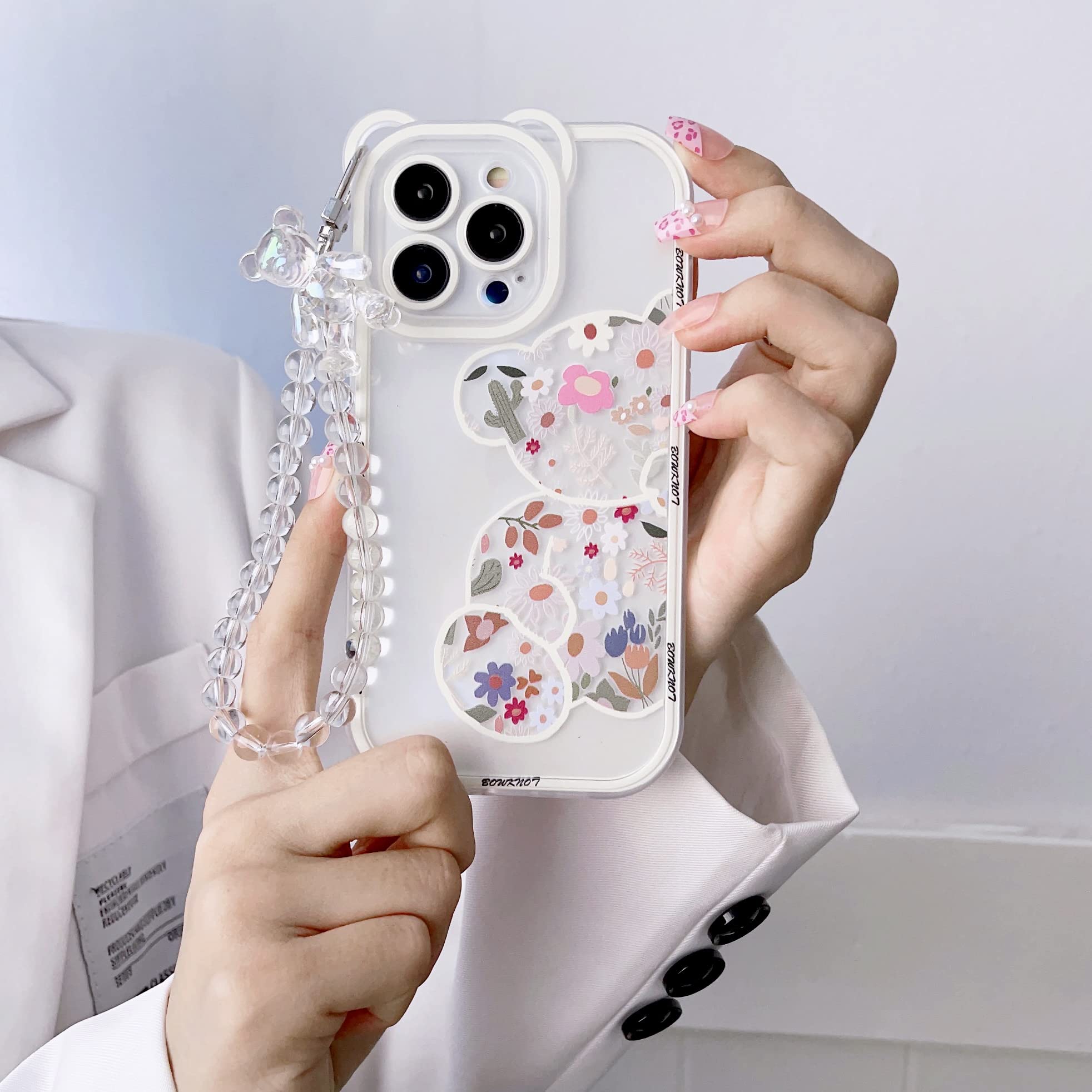 Shinymore Cute Floral Bear Clear Case for iPhone 12 Pro - Camera Protector with Adjustable Strap Bracelet | Trendy Protective Cover for Women & Girls | Perfect for Everyday Use, Travel & Photo Shoots