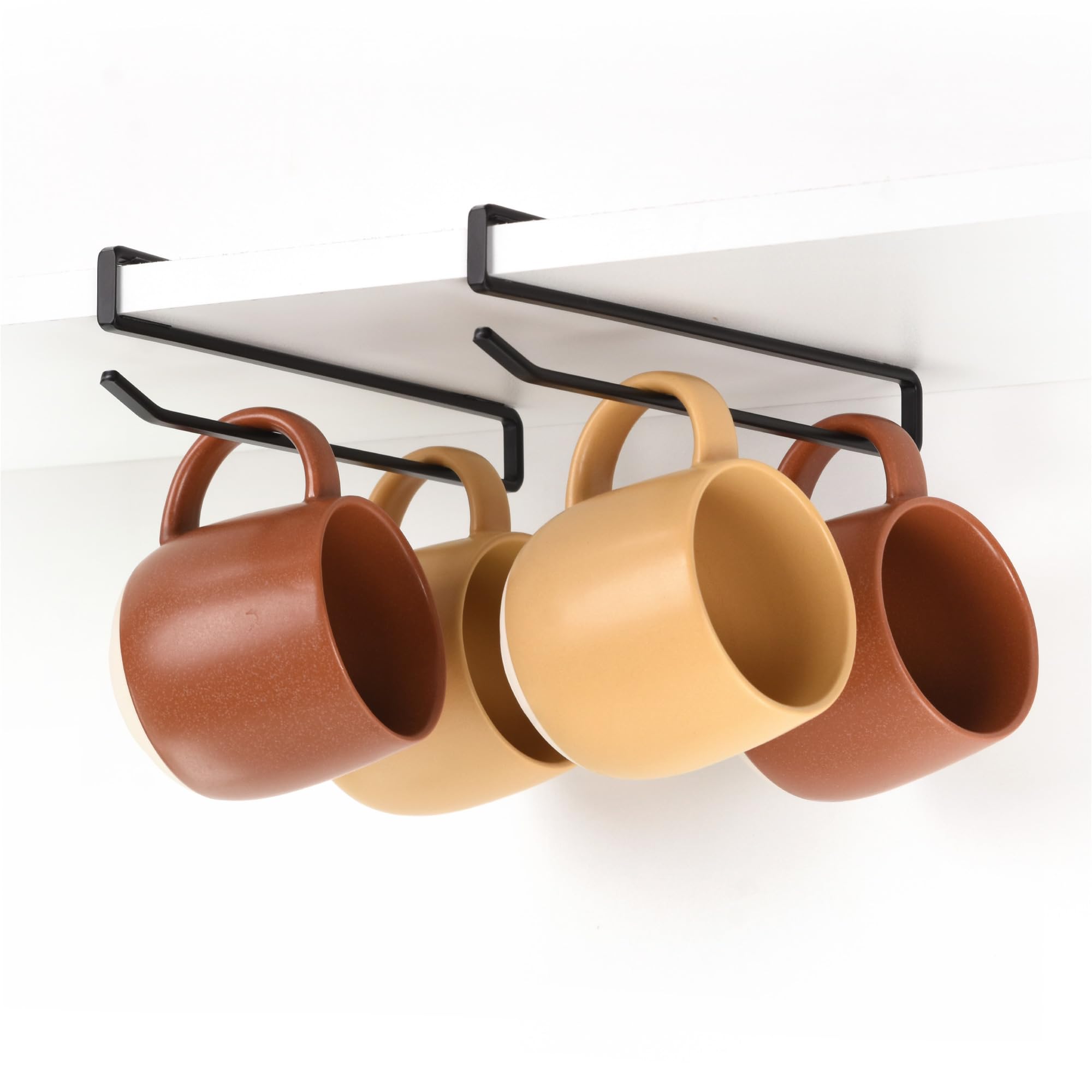 Space-Saving Coffee Mug Hanger for Kitchen Cabinet - No Screw Installation, Holds Cups, Mugs & Utensils (2 Pack) - Fits Shelves up to 3/4