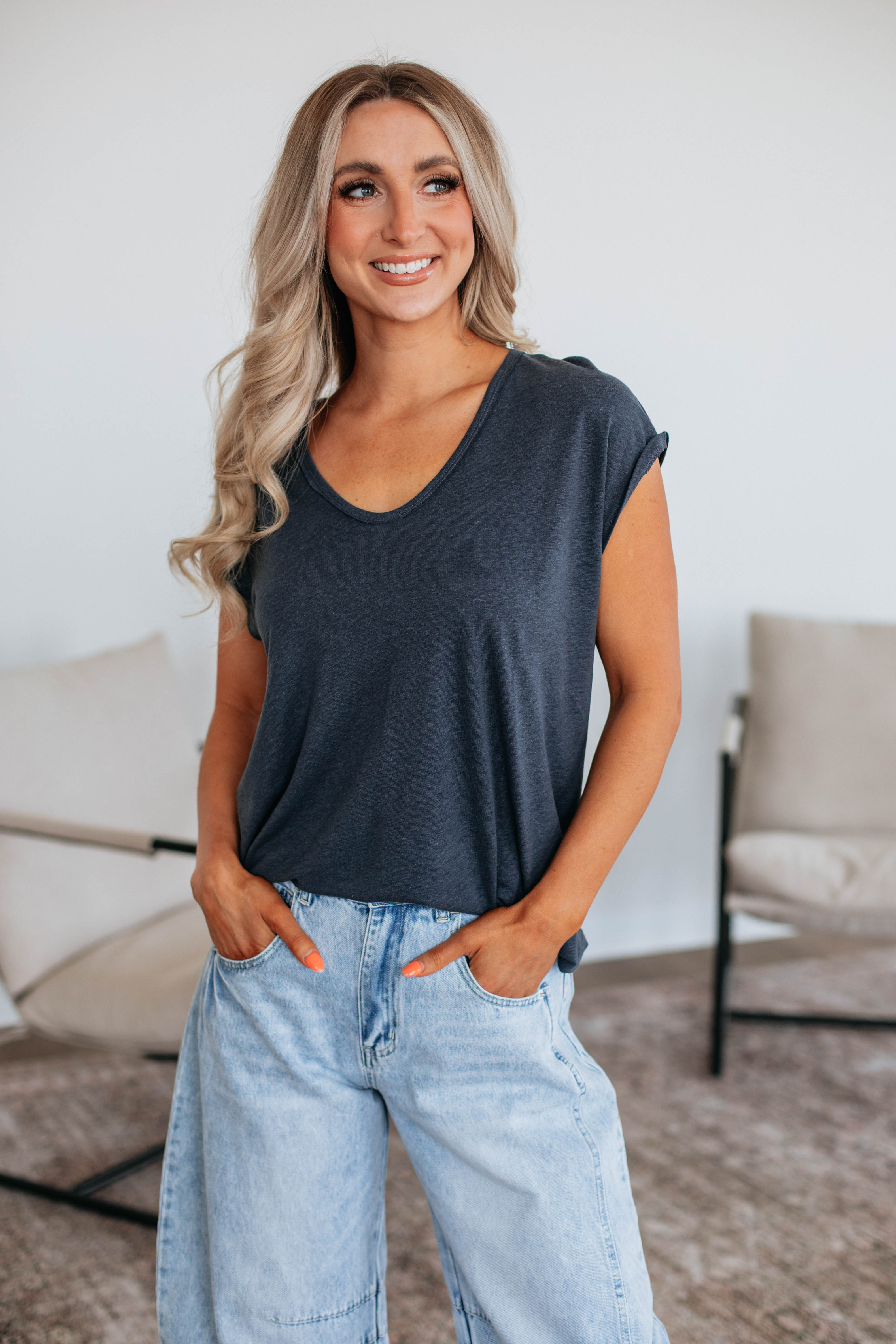Arden Women's Linen Blouse - Soft Breathable Charcoal Gray Tops for Casual Wear & Summer Outfits