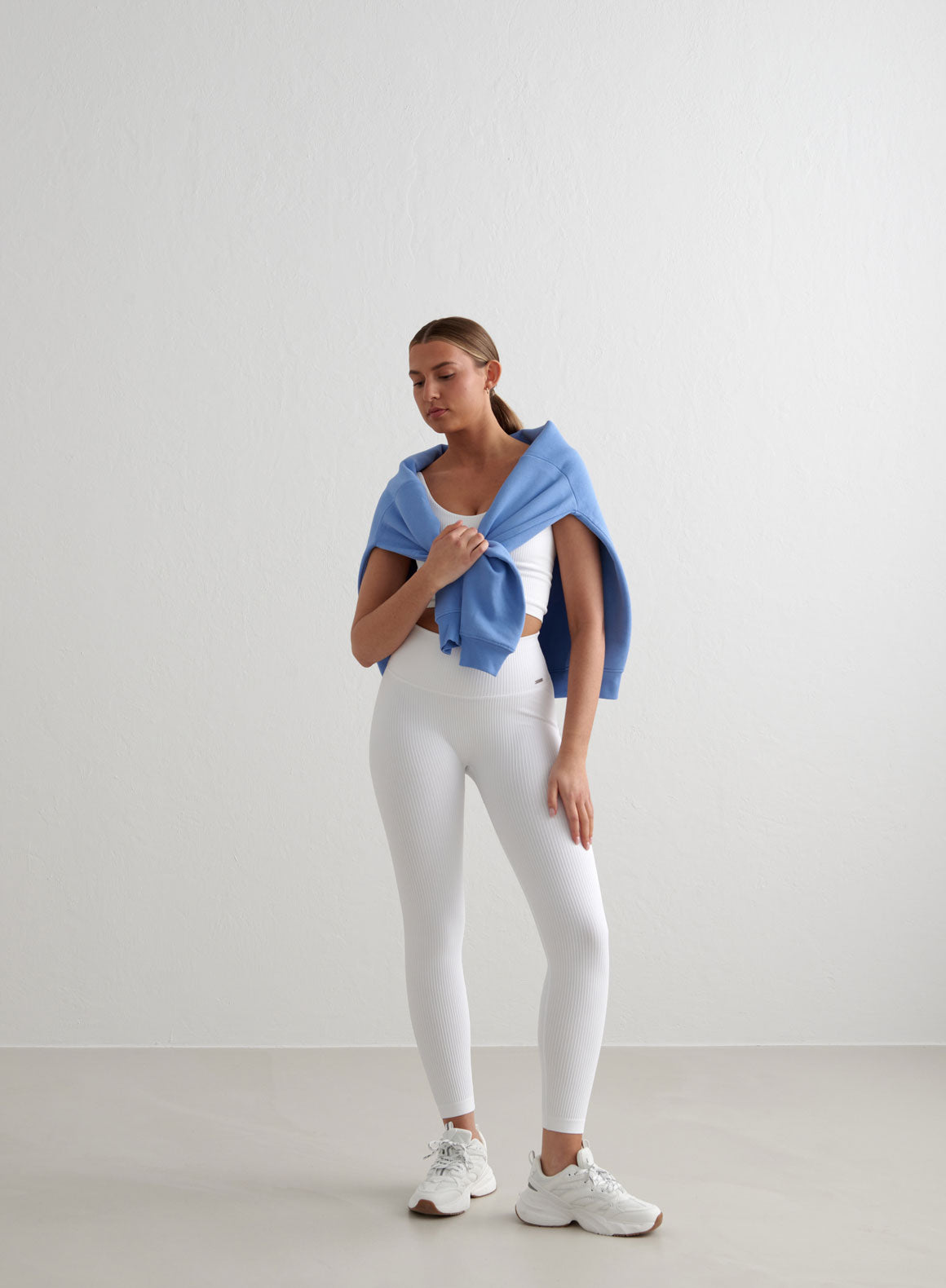 White Ribbed Seamless Tights for Women - High Waist Yoga Leggings, Workout Running Pants - Comfortable Stretchy Athletic Tights for Gym, Lounge & Everyday Wear