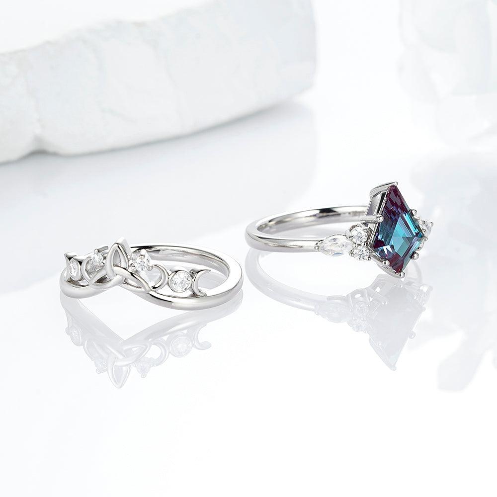 2 CT. Art Deco Unique Kite Cut Alexandrite Engagement Ring Set With Moonstone Accents - Perfect for Proposals, Anniversaries & Vintage-Inspired Weddings