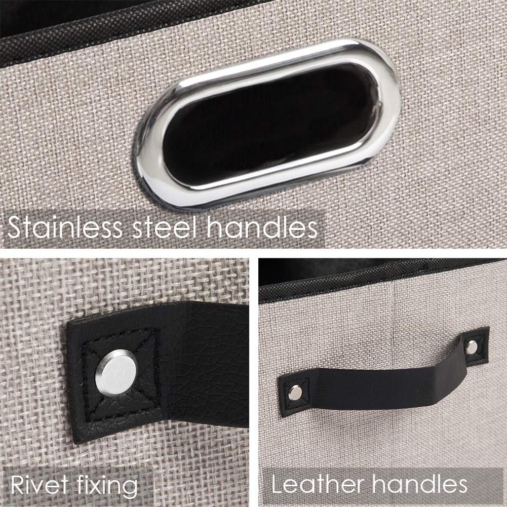 PRANDOM Large Collapsible Storage Bins [3-Pack] - Linen Fabric Storage Baskets with Leather/Metal Handles for Closet, Living Room, Bedroom - Light Grey (17.3x12.2x10.4 Inch) - Perfect for Organizing Toys, Blankets & Home Decor