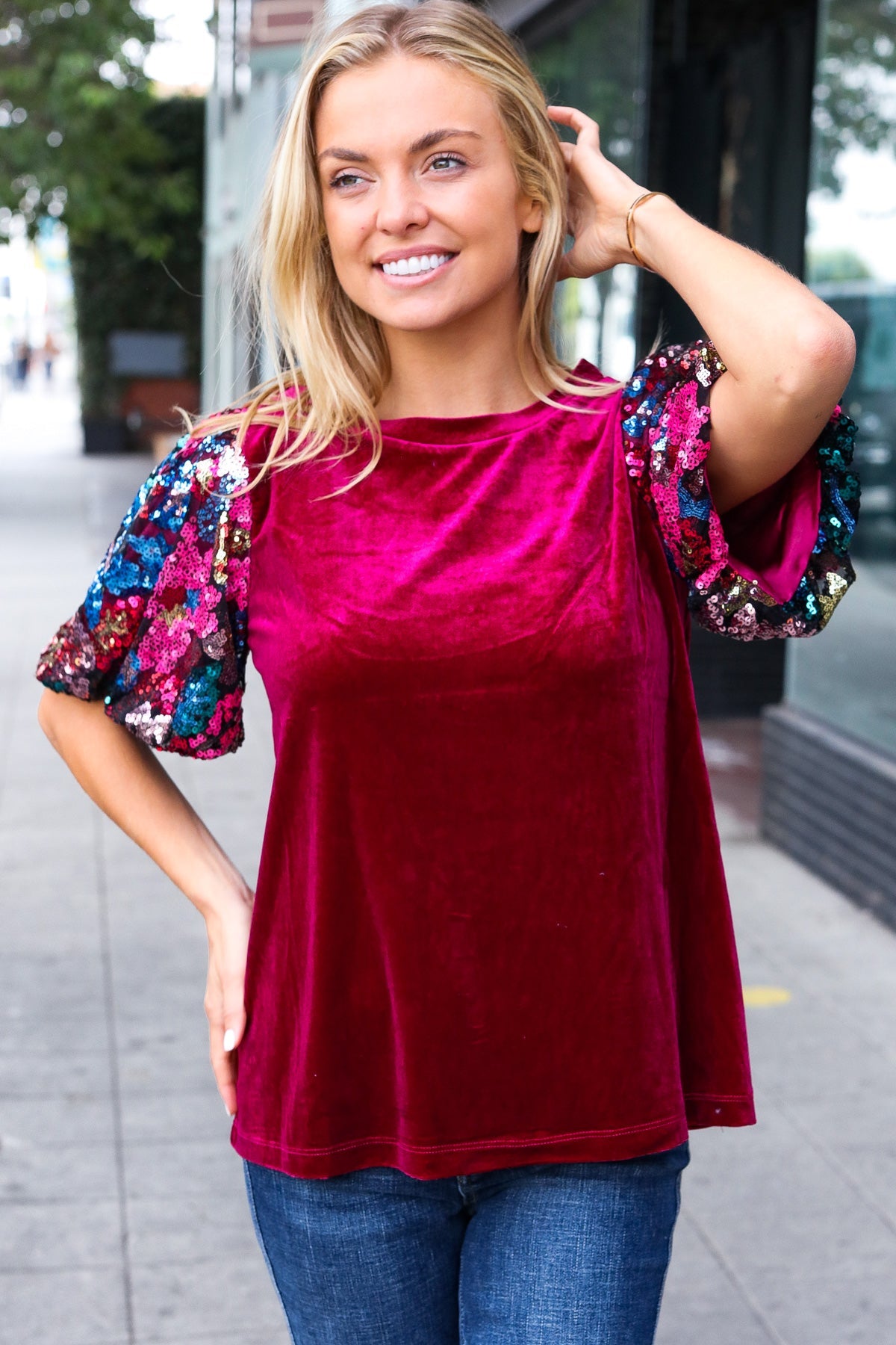 Diva Dreams Women's Sequin Floral Puff Sleeve Velvet Blouse - Elegant Party Top for Night Out, Dinner Date & Special Occasions
