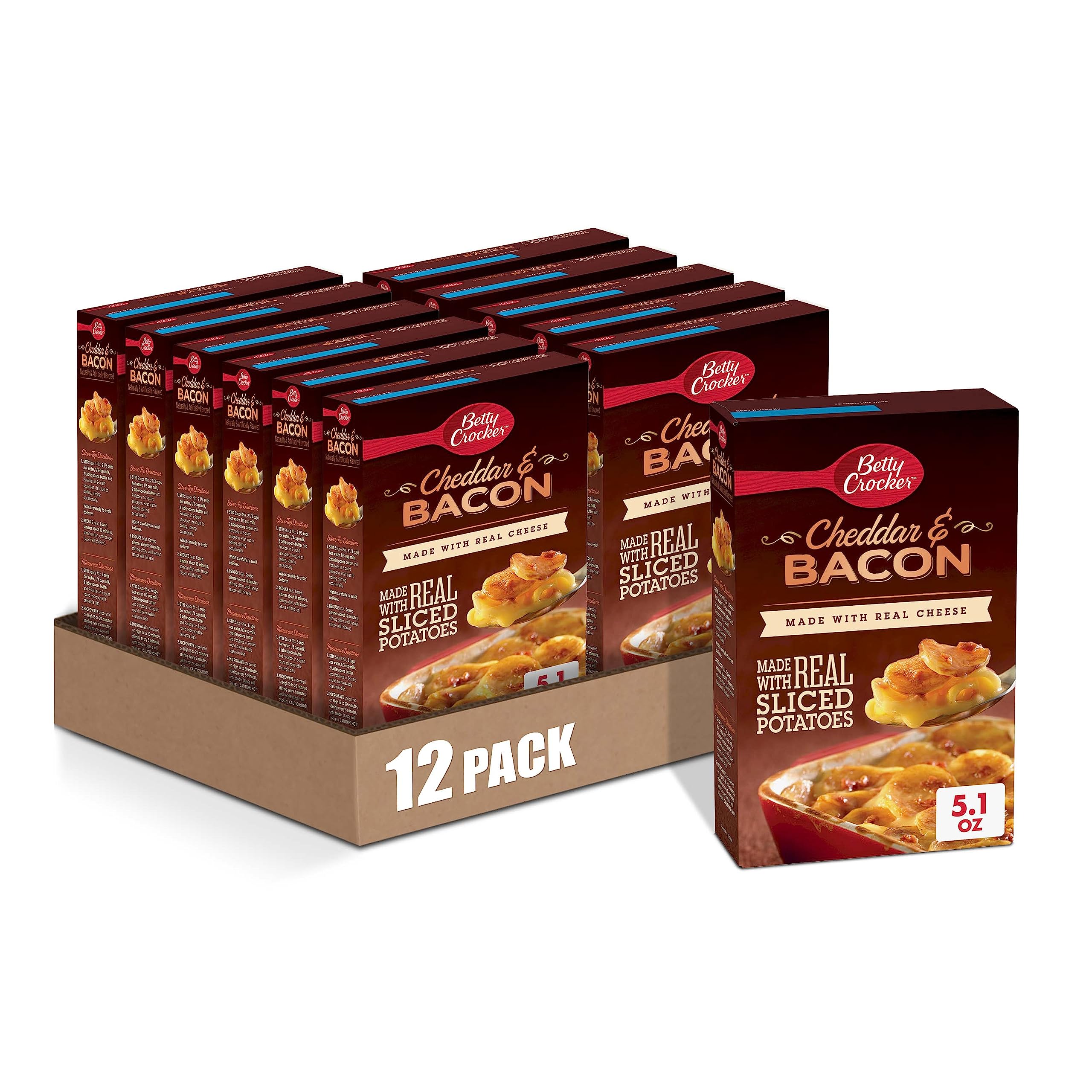 Betty Crocker Cheddar and Bacon Potatoes - Real Cheese, 5.1 oz (Pack of 12) | Easy Side Dish for Family Dinners, BBQs & Potlucks