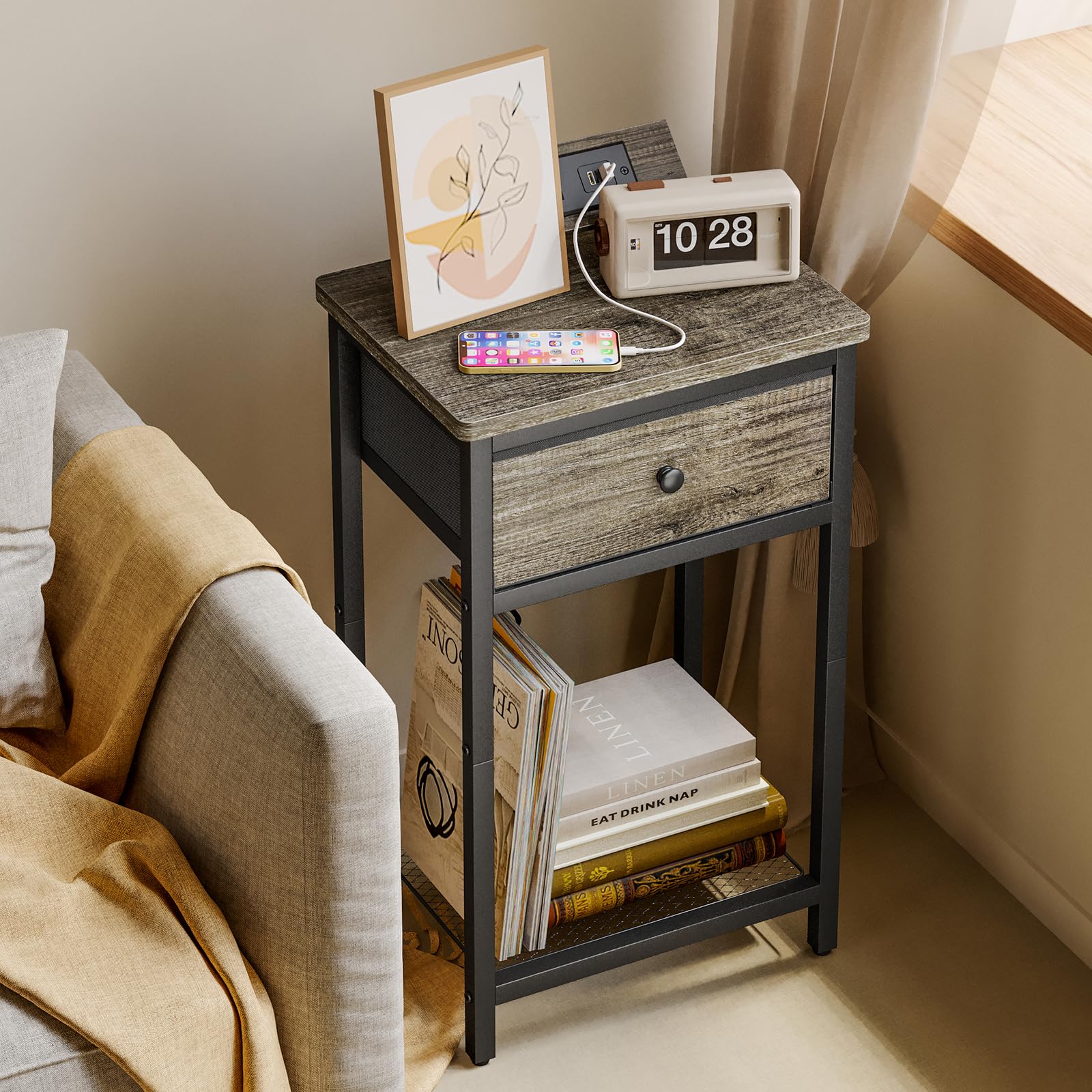 Fixwal Nightstands Set of 2 with Charging Station - USB Ports & Outlets, Bedside End Tables with Fabric Drawer for Bedroom, Living Room - Perfect for Charging Devices & Organizing Essentials (Greige)