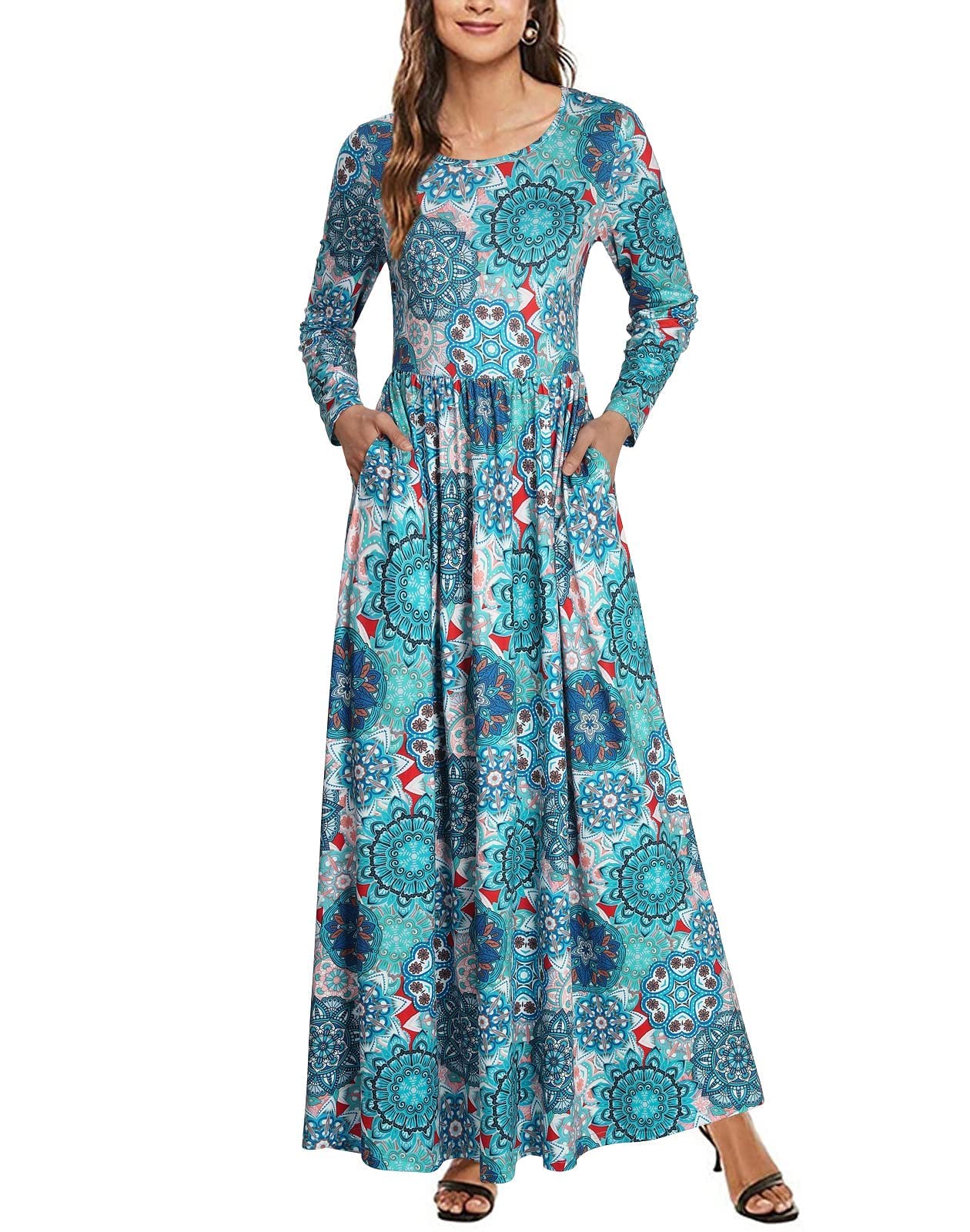 Empire Waist Floral Maxi Dress for Women - Modest Long Sleeve Church & Maternity Dress with Pockets | Perfect for Weddings, Baby Showers & Sunday Services