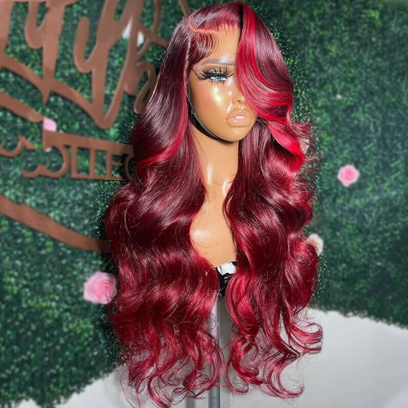 Eullair Burgundy Red Highlight Body Wave Human Hair Wig with Skunk Stripe & Transparent Lace Front - Perfect for Cosplay, Parties, and Daily Styling