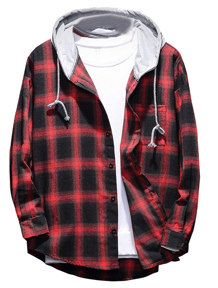 Lavnis Men's Plaid Hooded Shirt Jacket - Lightweight Long Sleeve Casual Button Up Shirt for Outdoor Activities, Camping, and Everyday Wear