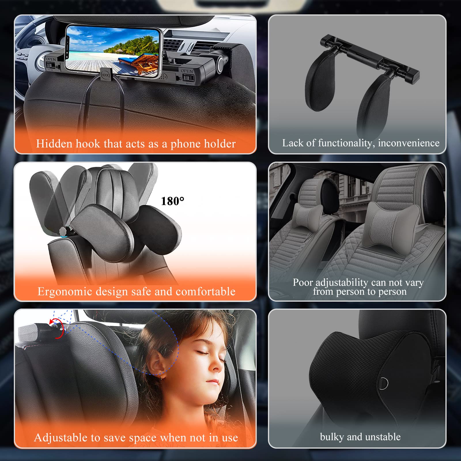 180 Degrees Adjustable Car Headrest Pillow - Memory Foam Neck Support for Adults & Kids - Travel & Road Trip Sleeping Aid - Universal Fit for Cars, SUVs & Booster Seats (Black) - Perfect for Long Drives & Commuting