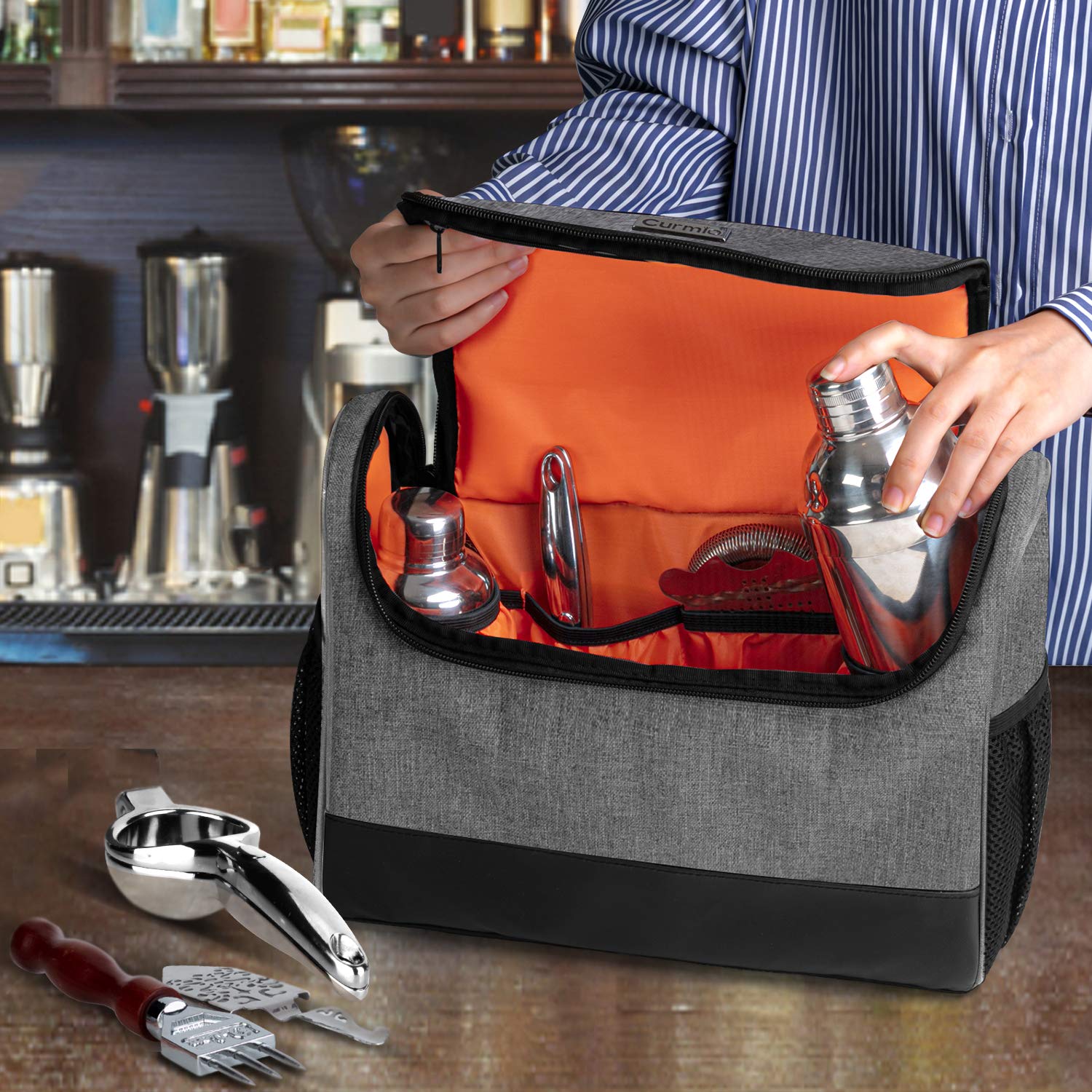 Premium CURMIO Bartender Kit Travel Bag with Adjustable Shoulder Strap - Portable Cocktail Shaker & Bar Tools Organizer for Professional Mixologists & Home Bartenders - Perfect for Parties, Bars & Travel Use