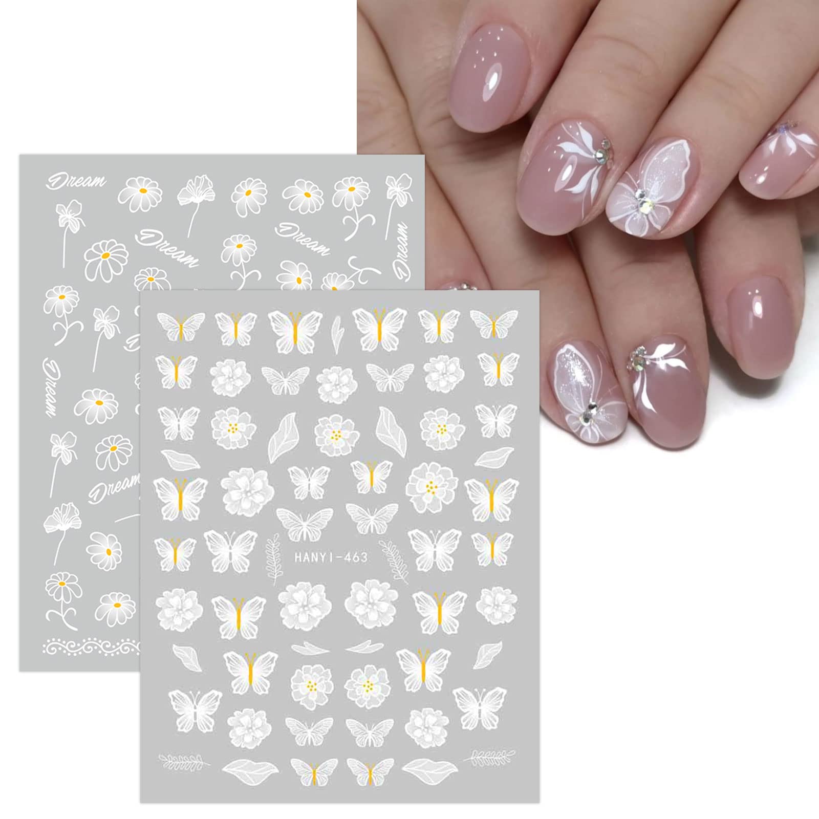 JMEOWIO 12 Sheets Spring White Flower Nail Stickers - Self-Adhesive Nail Art Decals with Butterfly & Leaf Designs - Floral Nail Supplies for DIY Manicure & Nail Decoration - Perfect for Summer, Bridal, Party & Salon Use