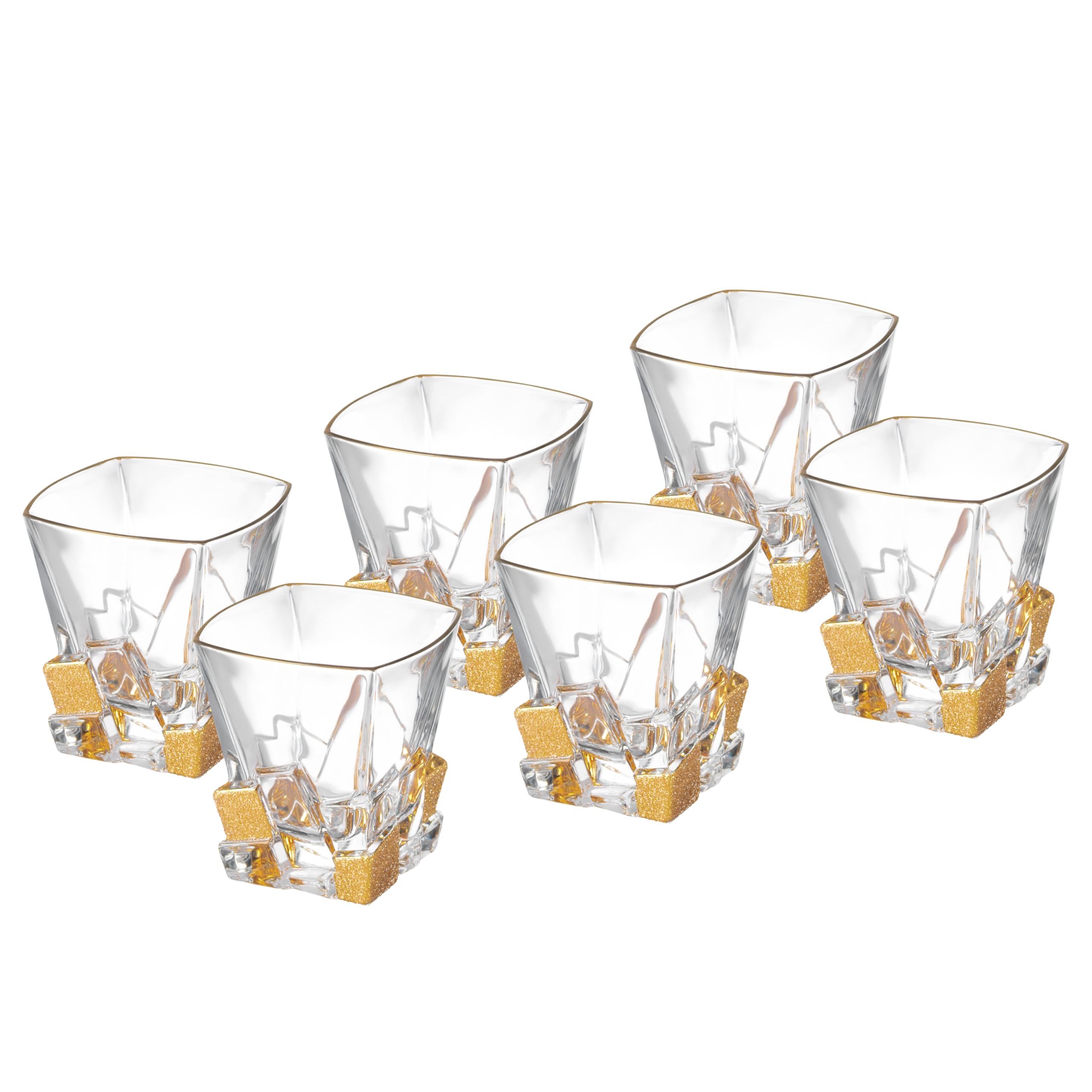 Barski European Crystal Glass Set of 6 - 11.7 oz Square Double Old Fashioned Tumblers with Matte Gold Ice Design - Premium Quality DOF Glasses Made in Europe - Perfect for Cocktails, Whiskey, Bourbon & Home Bar Decor