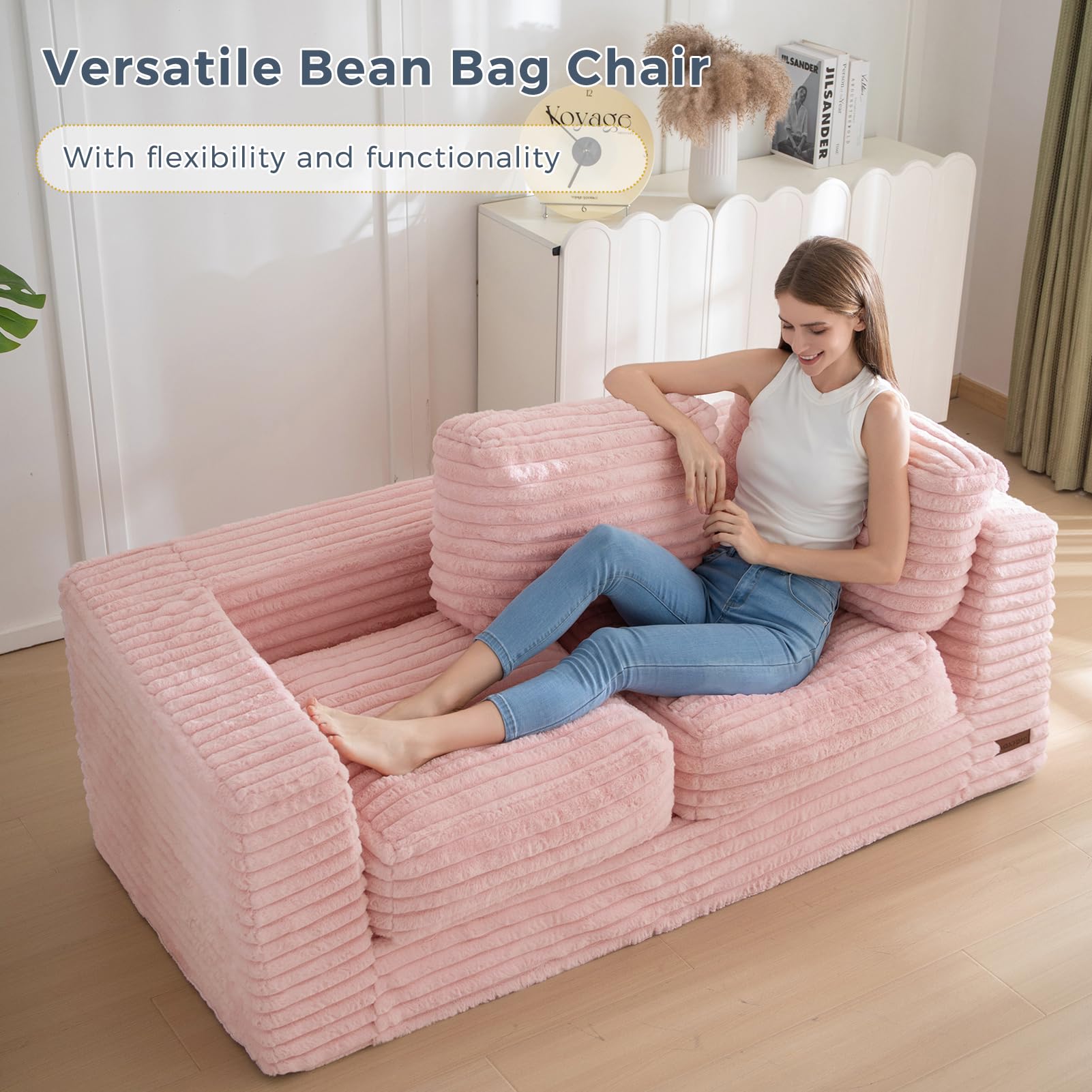 MAXYOYO Striped Faux Fur Bean Bag Chair - 2-Seater Floor Sofa with Pillows & Armrests | Cozy Living Room Seating for Teens & Adults | Perfect for Gaming, Movie Nights & Relaxation