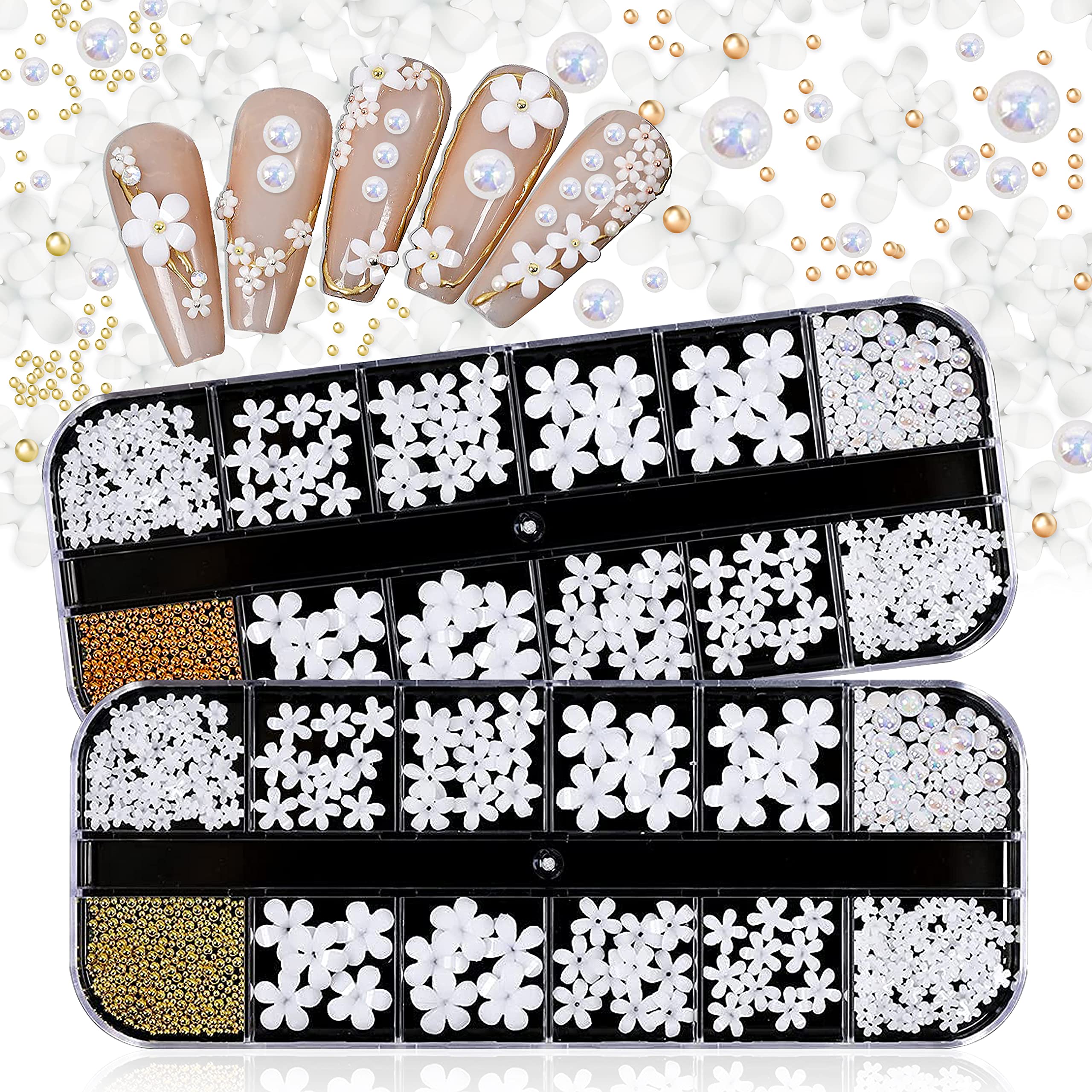 SILPECWEE 2 Boxes 3D Flower Nail Charms - Gold Nail Beads & White Floral Nail Jewelry Set with 1pc Tweezers & Picker Pencil for DIY Nail Art - Perfect for Bridal, Party, and Salon Nail Designs