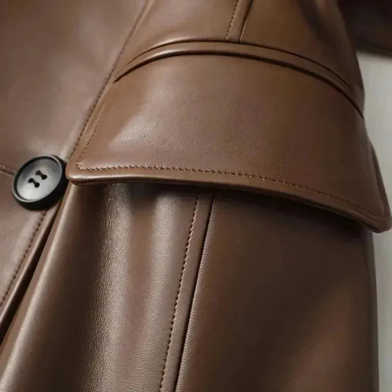 Genuine Leather Women's Trench Overcoat - Waterproof Winter Long Coat with Belt, Classic Elegant Outerwear for Office, Dating & Formal Occasions