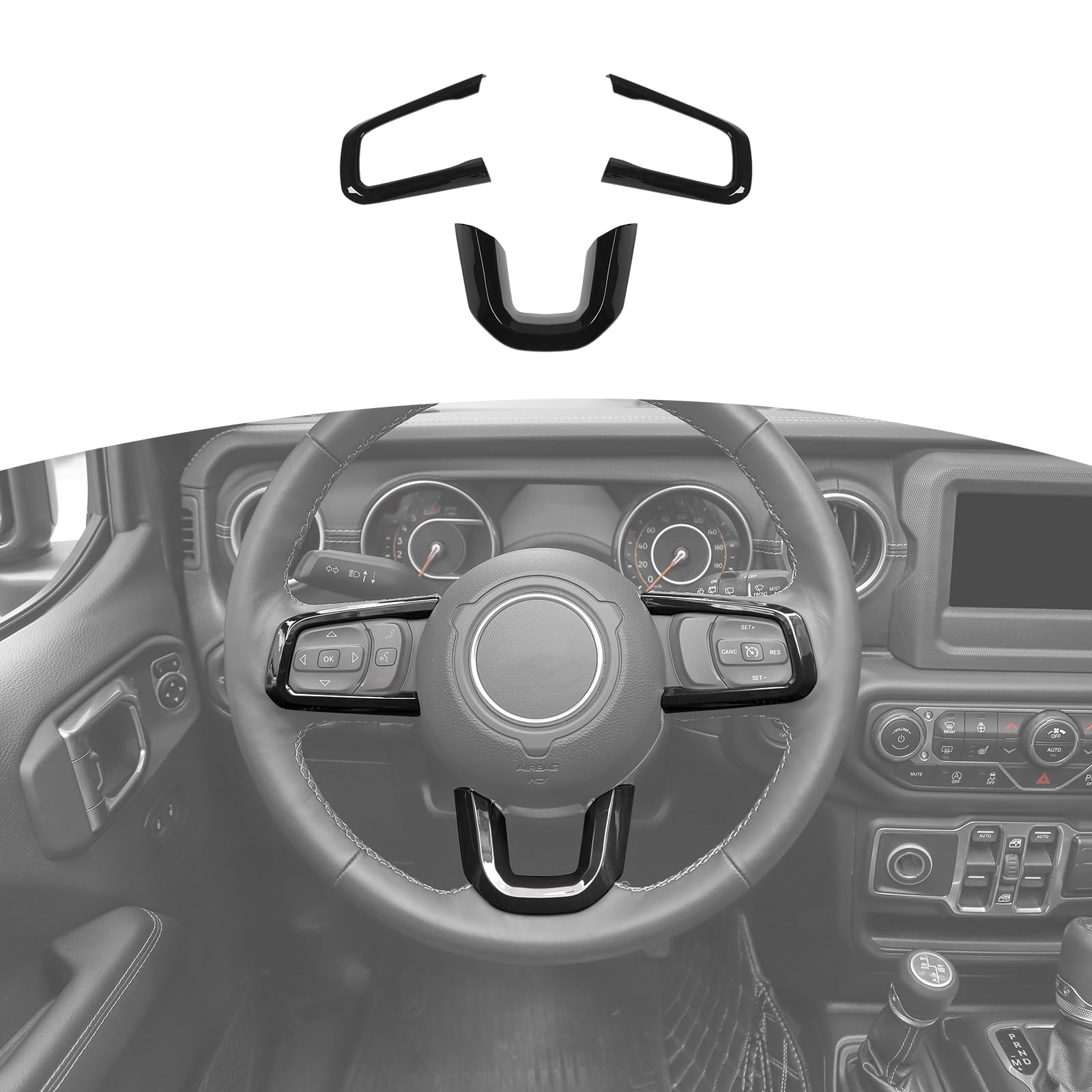 RT-TCZ Black Steering Wheel Trim Decal Panel for Jeep Wrangler JL JLU & Gladiator JT (2018-2024) - Interior Accessories Kit (3pcs) - Upgrade Your Ride's Style & Protection