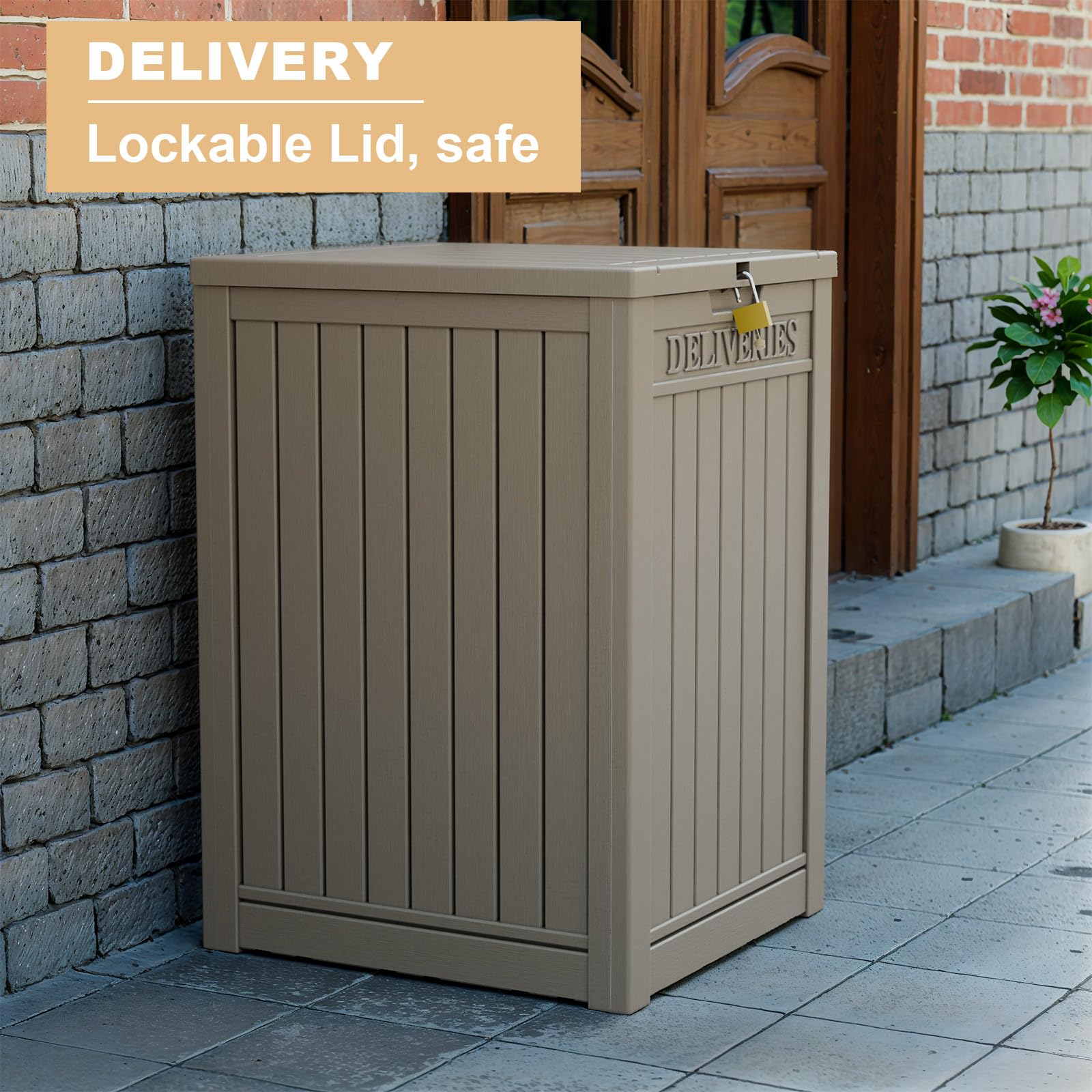 Lockable Outdoor Package Delivery Box - Large Waterproof Double-Wall Resin Storage Deck Box for Porch & Patio (Light Brown, Single Tier) | Secure Mail & Package Protection for Homes, Apartments & Outdoor Spaces